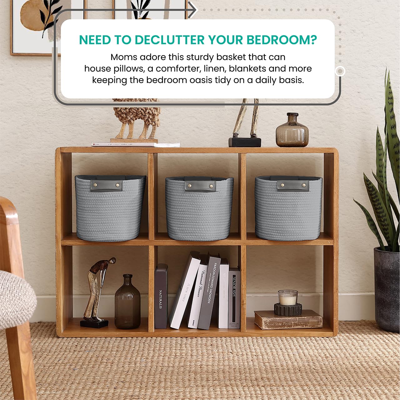 Organizix 3-Pack Gray Woven Cotton Rope Storage Baskets with Faux Leather Handles - 15