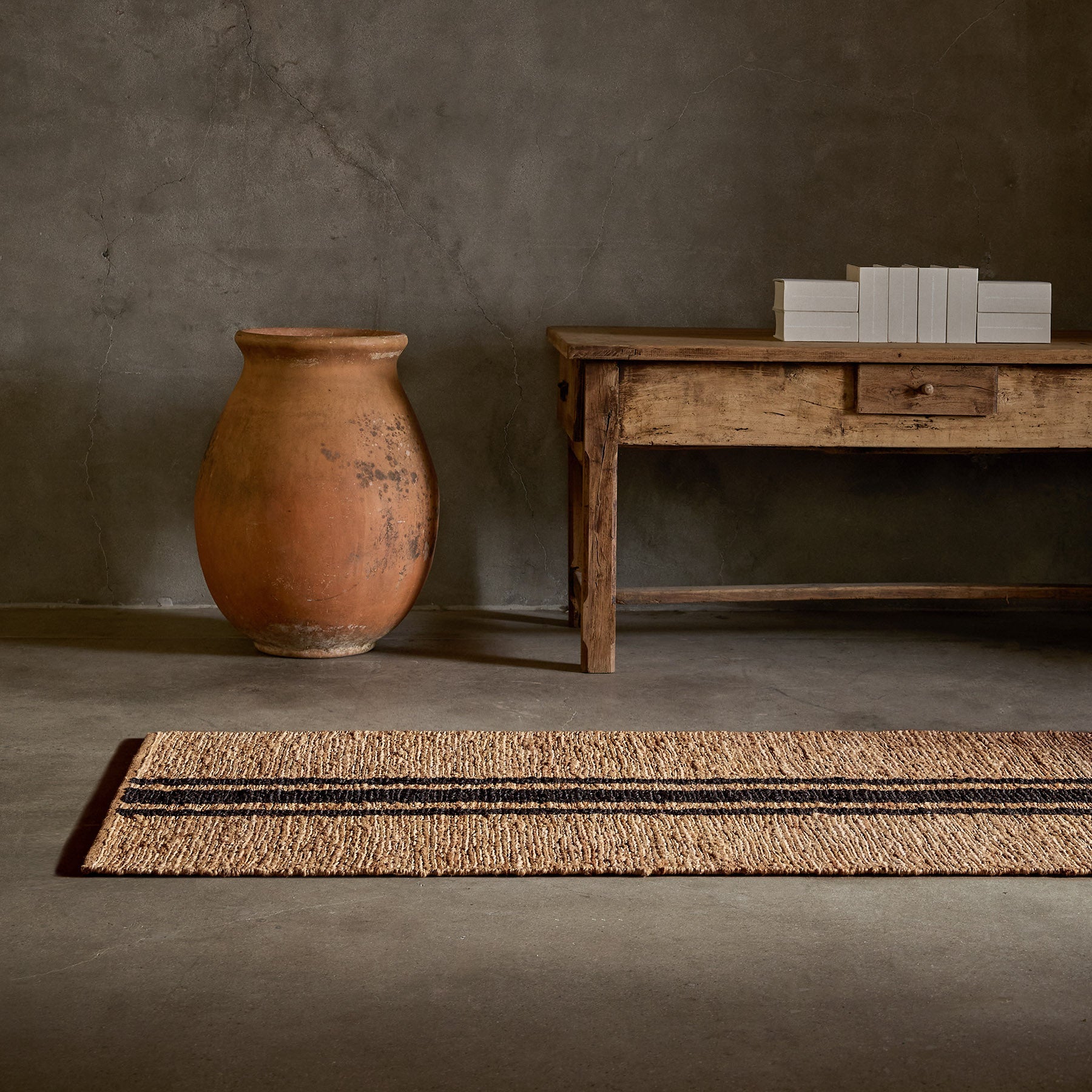 Natural Jute Runner Rug with Triple Stripe Design - Charcoal & Beige Handwoven Eco-Friendly Floor Mat for Hallway, Entryway, or Dining Room Decor