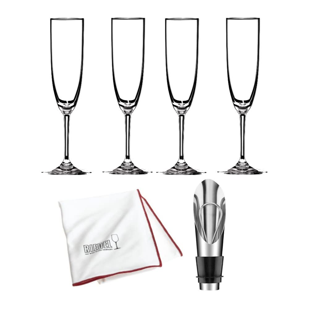 Riedel Vinum Champagne Glasses Set of 4 with Wine Pourer & Polishing Cloth - Premium Crystal Flutes for Champagne, Prosecco & Sparkling Wine - Perfect for Weddings, Parties & Romantic Dinners