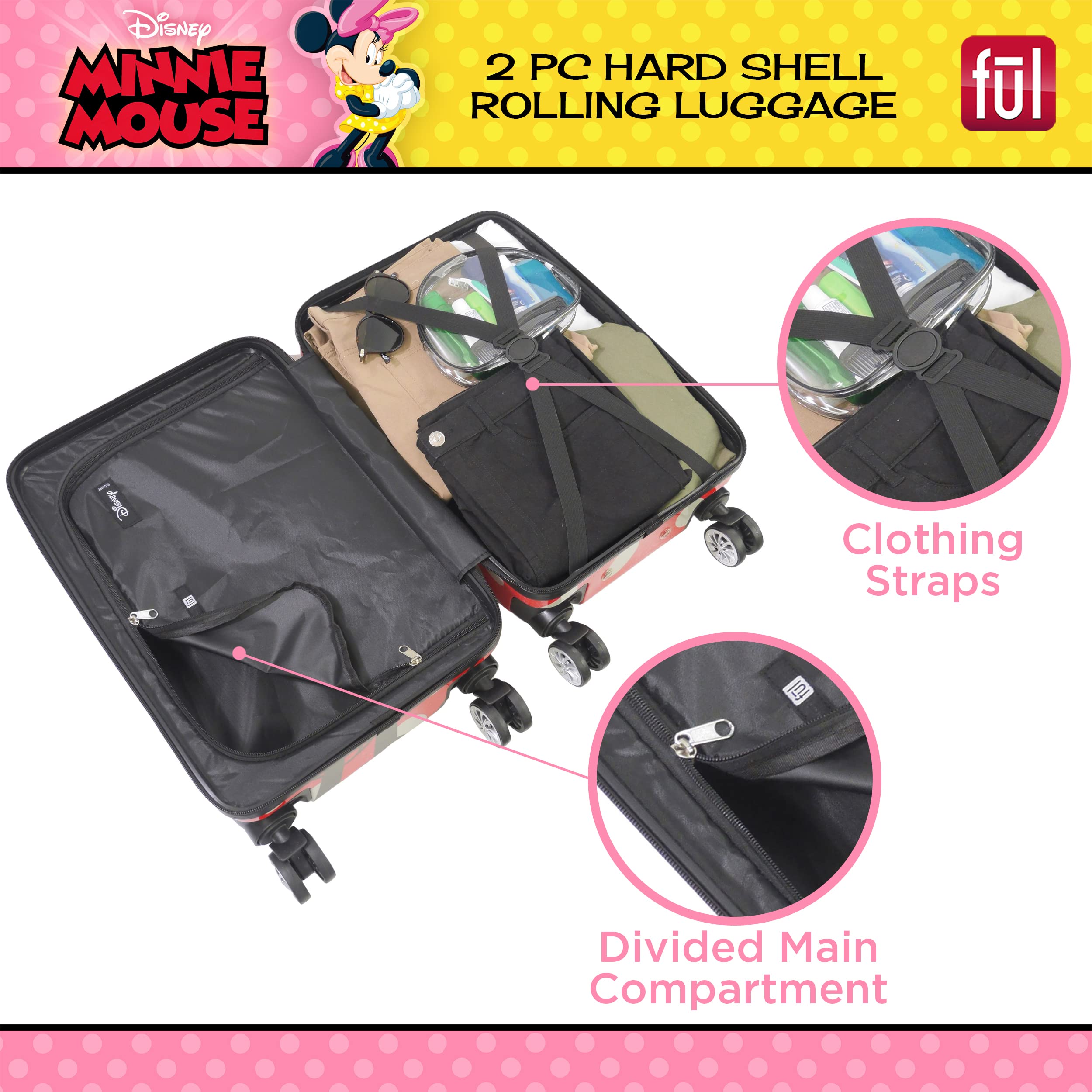 Disney Minnie Mouse Hardshell Rolling Luggage Set - 2-Piece Polka Dot Red Suitcase with Wheels for Women & Kids Travel, Vacation, and Airplane Carry-On