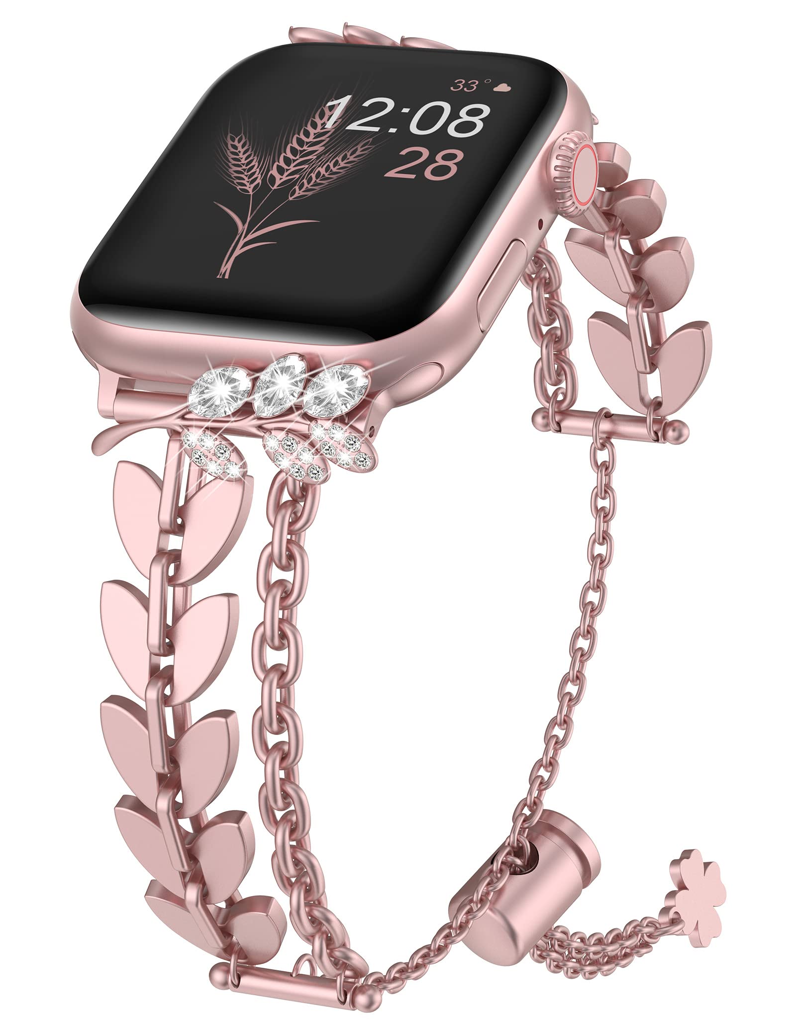 Sparkly Diamond Apple Watch Band 40mm 38mm 41mm 42mm - Bling Charm Bracelet Strap for Women, Compatible with iWatch Series 10/9/8/7/6/5/4/3/2/1/SE - Pink Gold Luxury Accessory for Work, Party & Everyday Wear