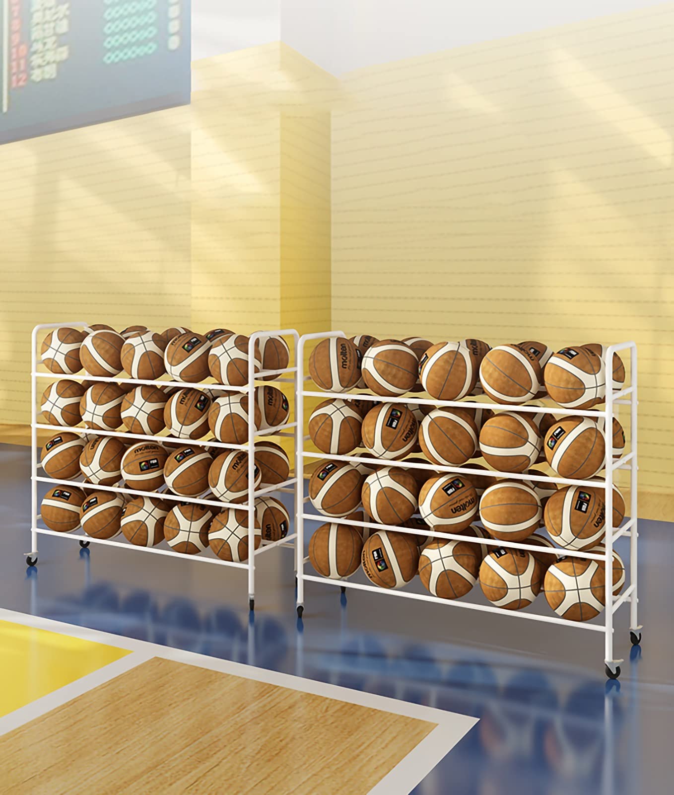 3-Tier Rolling Basketball Storage Rack - Heavy Duty Metal Sports Ball Organizer Cart for Garage, Gym or Playroom - Holds Soccer, Volleyball & Basketballs (White, 46