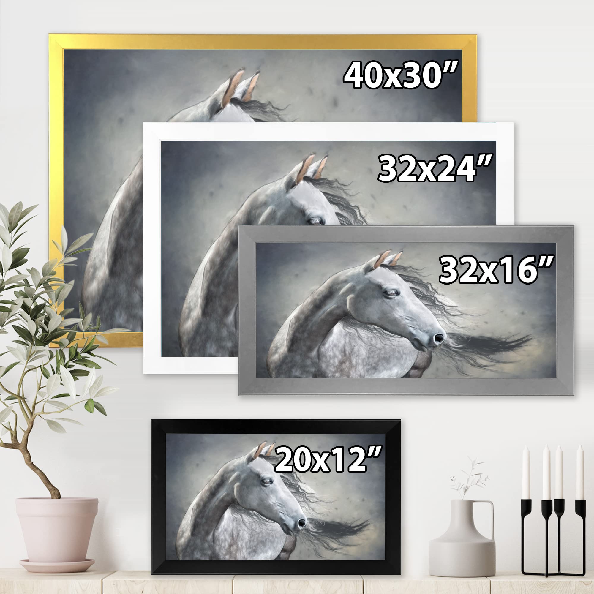 DesignQ Monochrome Wild Horse Portrait - Farmhouse Framed Wall Art Decor for Living Room, Bedroom & Office