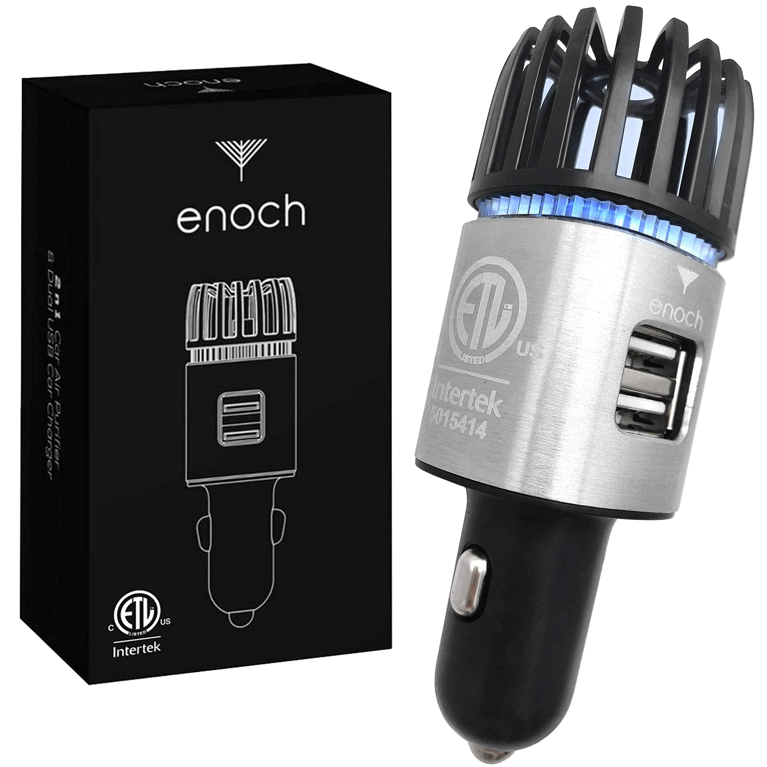 Enoch Ionic Car Air Purifier with Dual USB Charger - Eliminates Odor, Dust, Smoke, Pet & Food Smells - Ozone Car Deodorizer for Fresh Air (Gray Silver) | Perfect for Road Trips, Commuting & Pet Owners