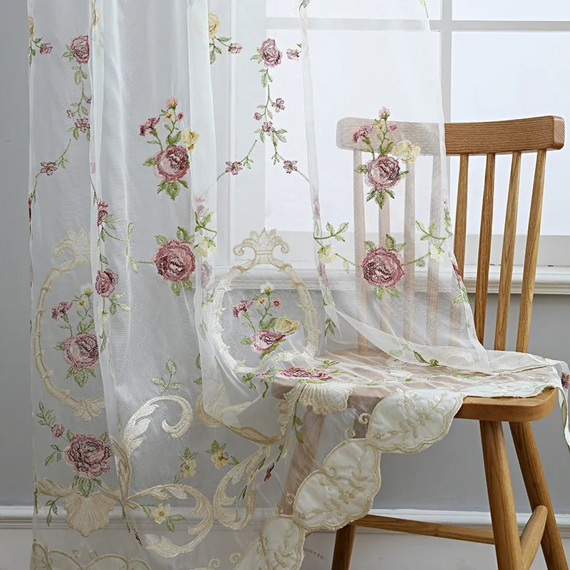 Luxury Pink Floral Embroidered Sheer Curtains - White - Elegant Window Drapes for Living Room, Bedroom & Home Decor