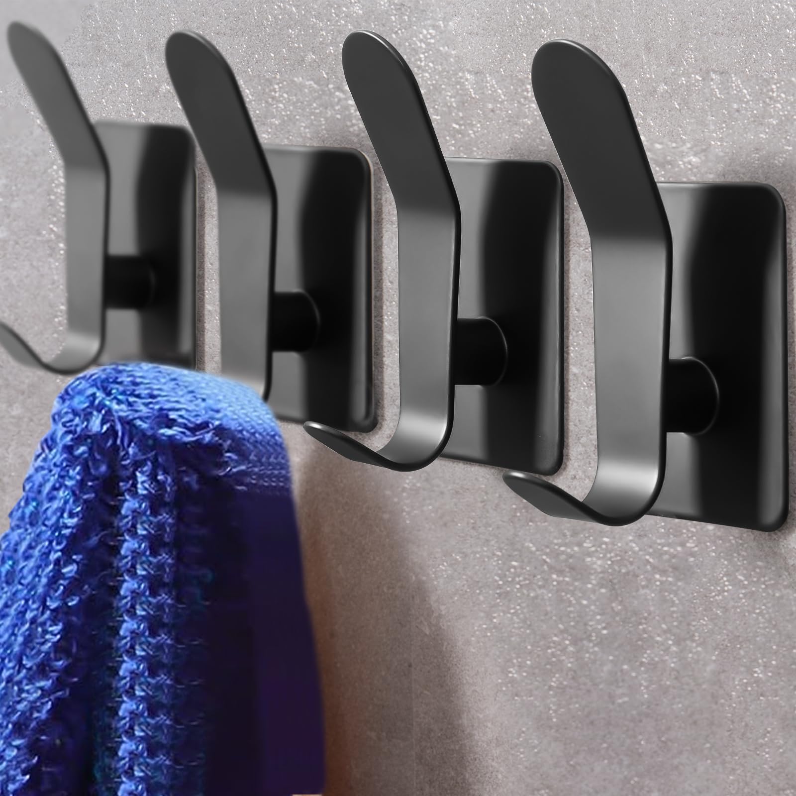 Stainless Steel Adhesive Towel Hooks - Heavy Duty 4 Pack, No Drill Wall Hooks for Bathroom, Kitchen & Bedroom - Holds Towels, Coats, Hats - Perfect for Small Spaces, Rentals & Dorm Rooms