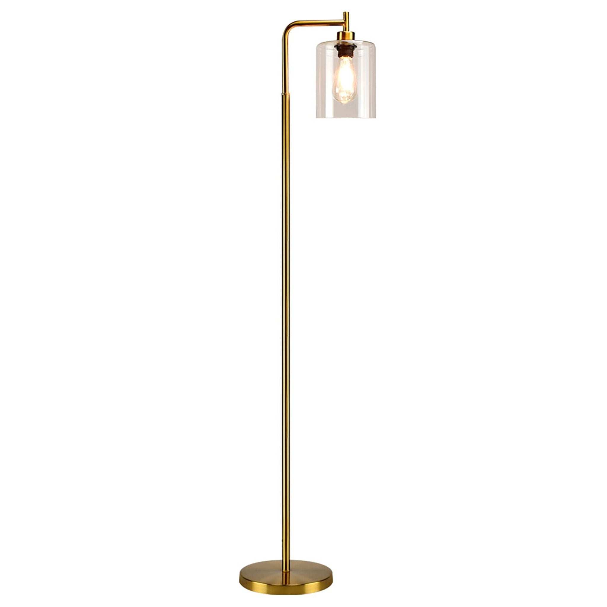 Modern Farmhouse Floor Lamp - Tall Metal Reading Light with Hanging Glass Shade, Industrial Standing Pole Lamp in Brass Finish for Living Room, Bedroom & Office (Bulb Included) | Perfect for Cozy Reading Nooks, Home Office Lighting & Bedside Illumination