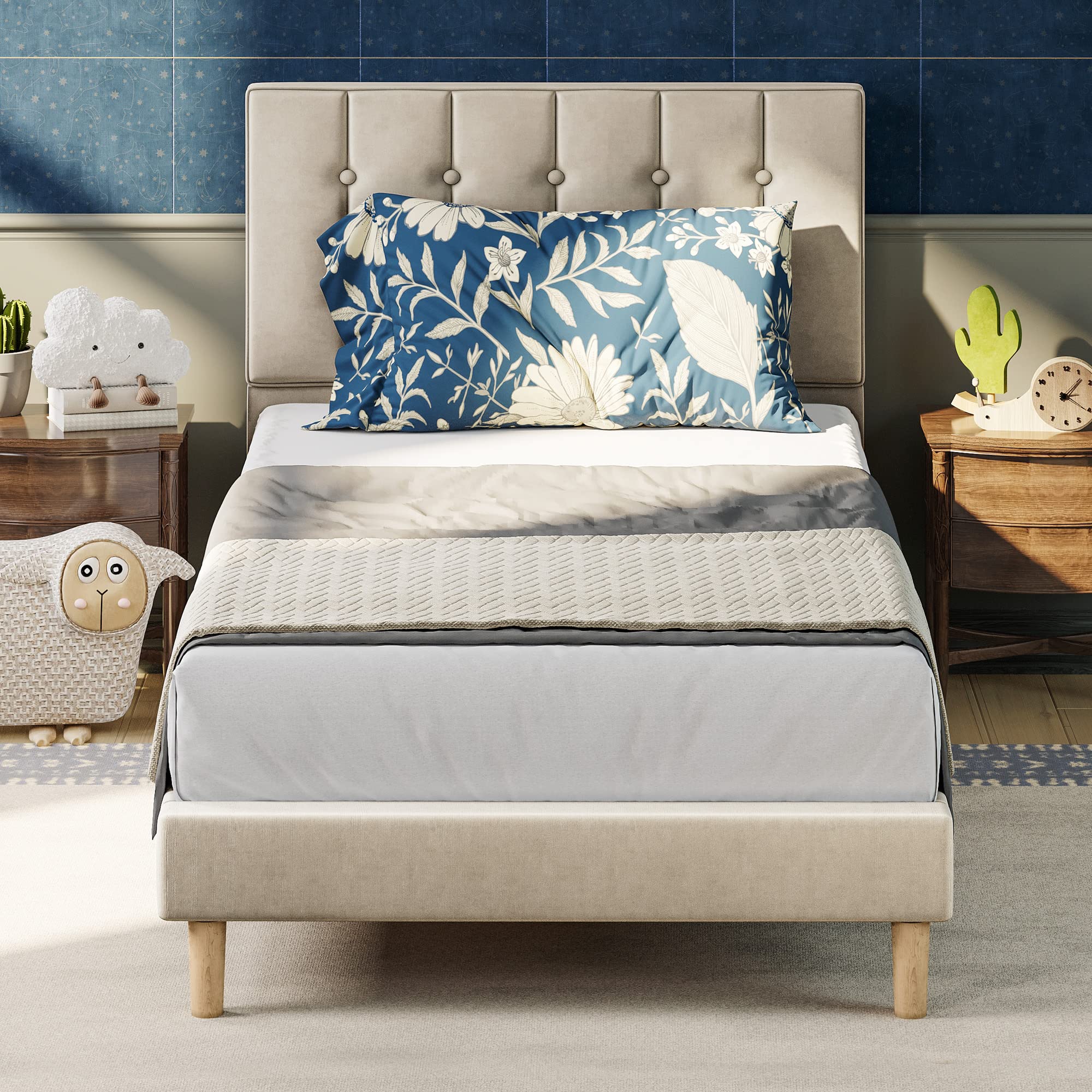 LIKIMIO Twin Bed Frame with Velvet Upholstered Headboard - Sturdy Wooden Slats Platform Bed, No Box Spring Needed, Noise-Free & Easy Assembly, Beige - Perfect for Small Bedrooms, Guest Rooms & Dormitories
