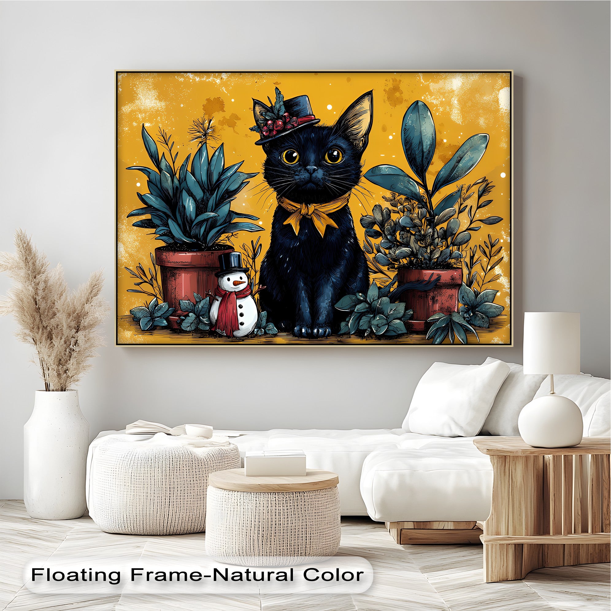 Black Cat with Holiday Hat and Yellow Ribbon - Festive Cat Canvas Print Wall Art for Christmas Home Decor, Living Room, Bedroom & Office