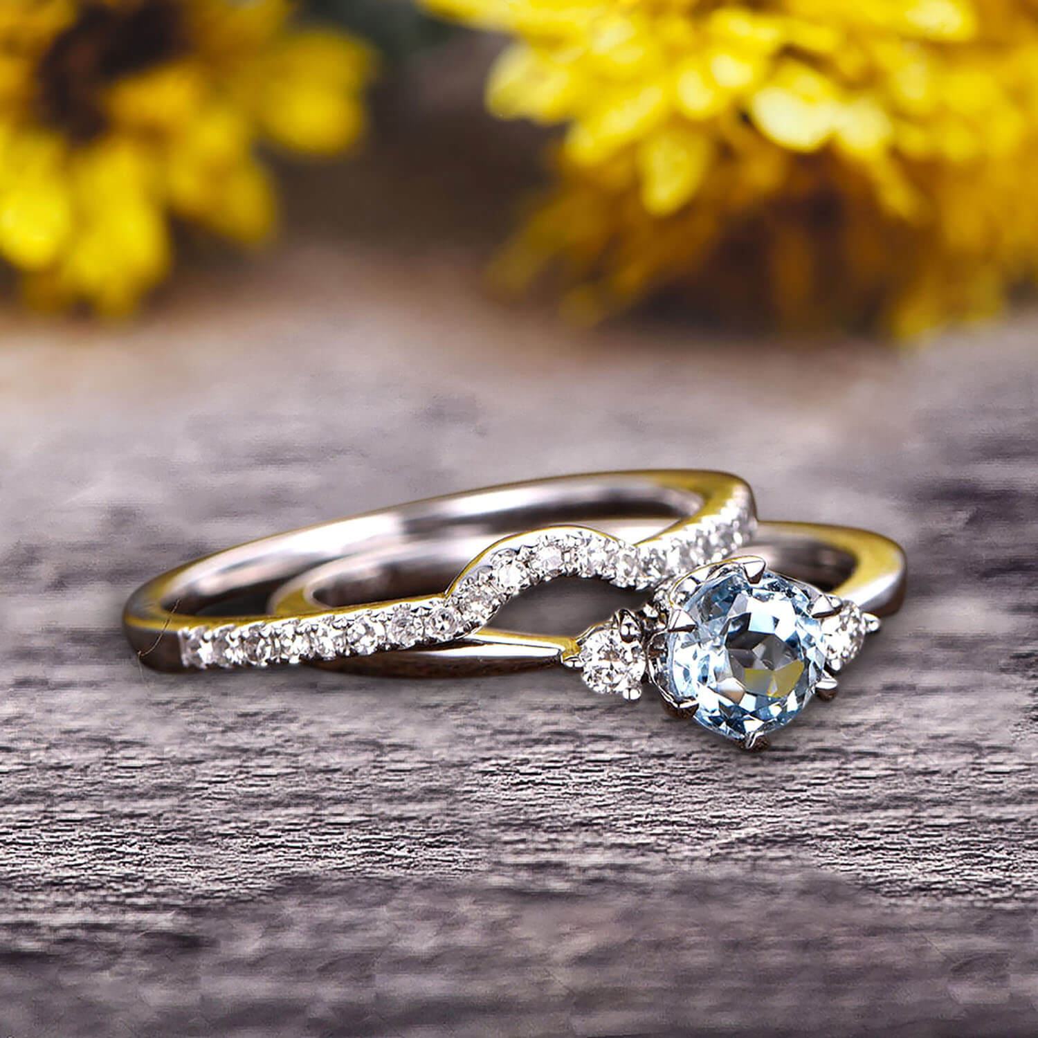 1.5 Carat Round Cut Aquamarine Engagement Ring in 10k White Gold with Vintage Art Deco Matching Wedding Band Set - Perfect for Proposals, Anniversaries & Bridal Jewelry Collections