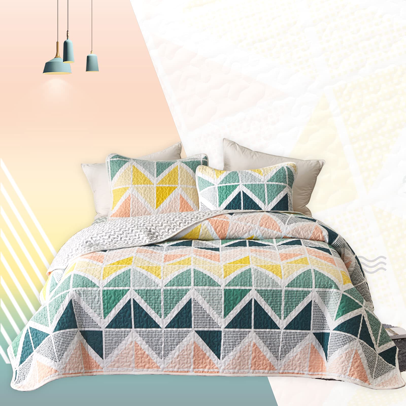 7-Piece Queen Size Colorful Cubes Quilt Set - Orange Yellow Green Bedspread Coverlet with Reversible Quilt (88x88), 2 Pillow Shams, Sheets & Pillowcases | Soft & Cozy Bed in a Bag for Modern Bedrooms, Guest Rooms & Dorm Decor