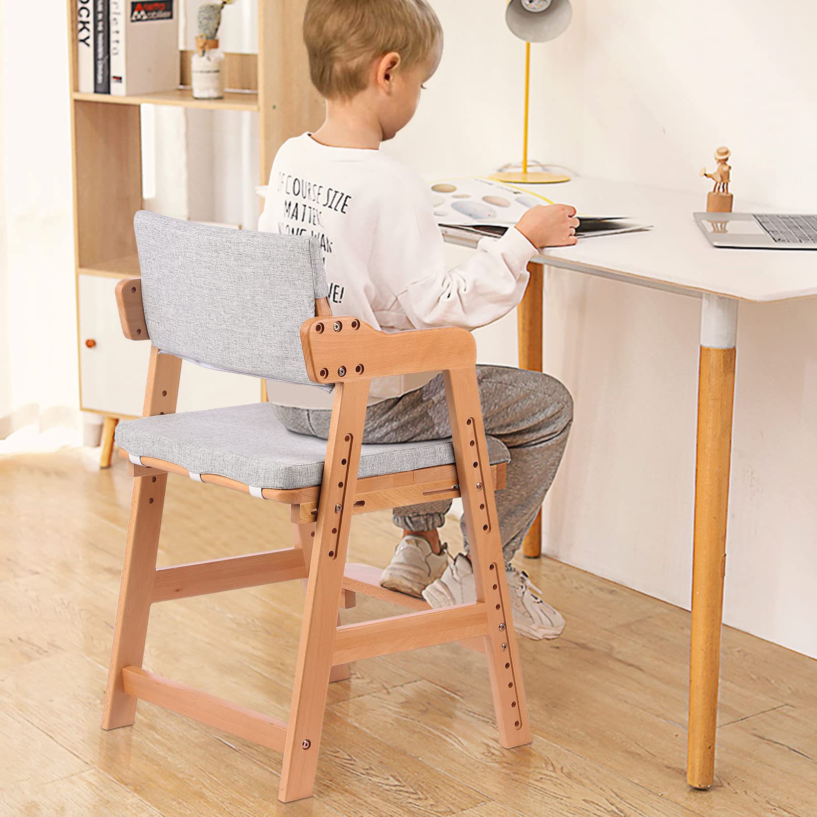 Ezebaby Adjustable Wooden High Chair for Toddlers to Teens - Kids Study & Dining Chair with Removable Cushion & Steps - Natural Wood Color - Perfect for Homeschooling, Mealtime & Playroom