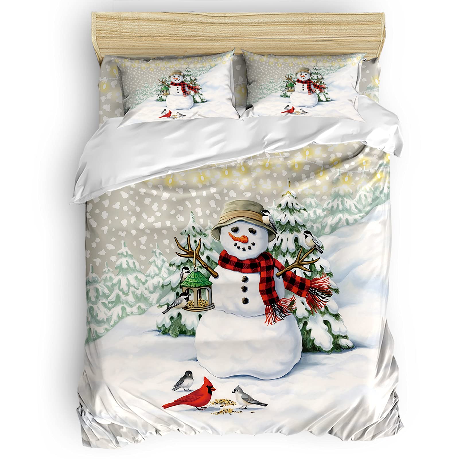 4Pcs Christmas Duvet Cover Set Full Size - Xmas Tree Snowman Red Birds Holiday Bedding with Zipper Closure | Cozy Winter Bedroom Decor for Festive Season