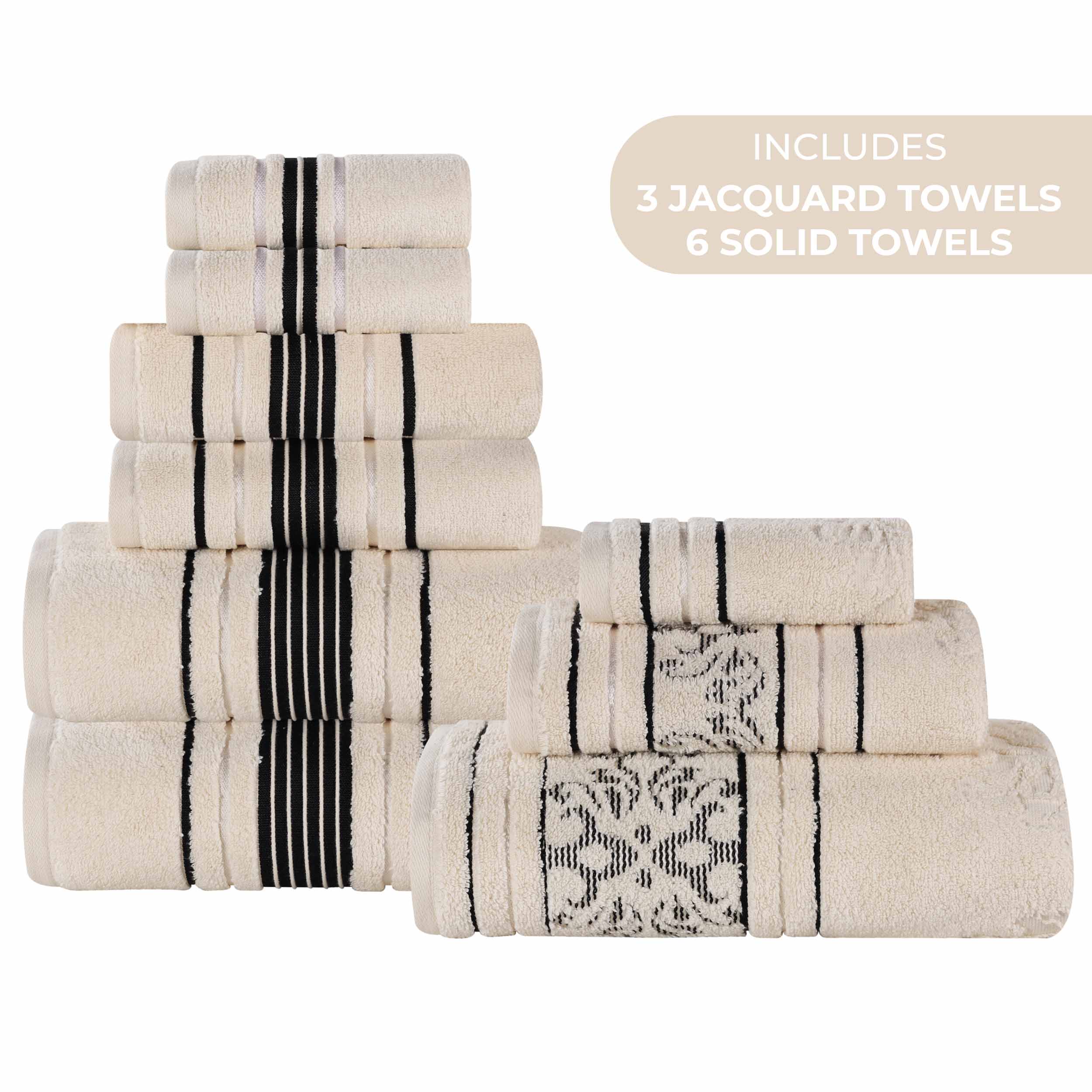 Premium 9-Piece Sadie Zero Twist Cotton Towel Set - Solid & Jacquard Floral Design | Ultra Soft & Absorbent Bath Towels, Hand Towels & Washcloths | Perfect for Spa, Bathroom & Luxury Home Decor