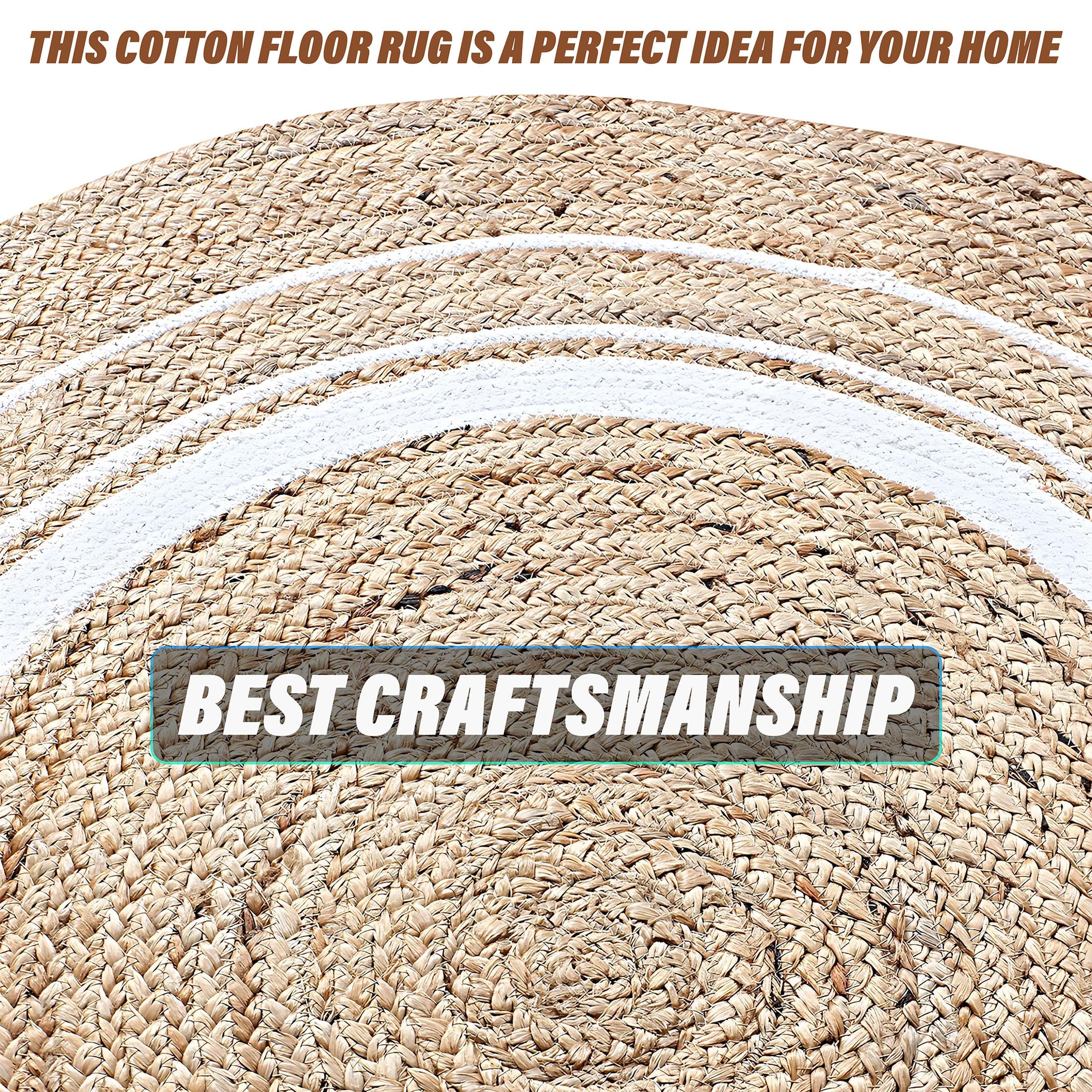 Kuber Industries Hand Woven Braided Jute Round Carpet Rug - 60x60 cm Spiral Design Natural Fiber Doormat for Bedroom, Living Room, Dining Room, Yoga & Meditation - Soft & Durable (White) | Perfect for Boho Home Decor, Entryway Floor Mat, Cozy Interior Accent