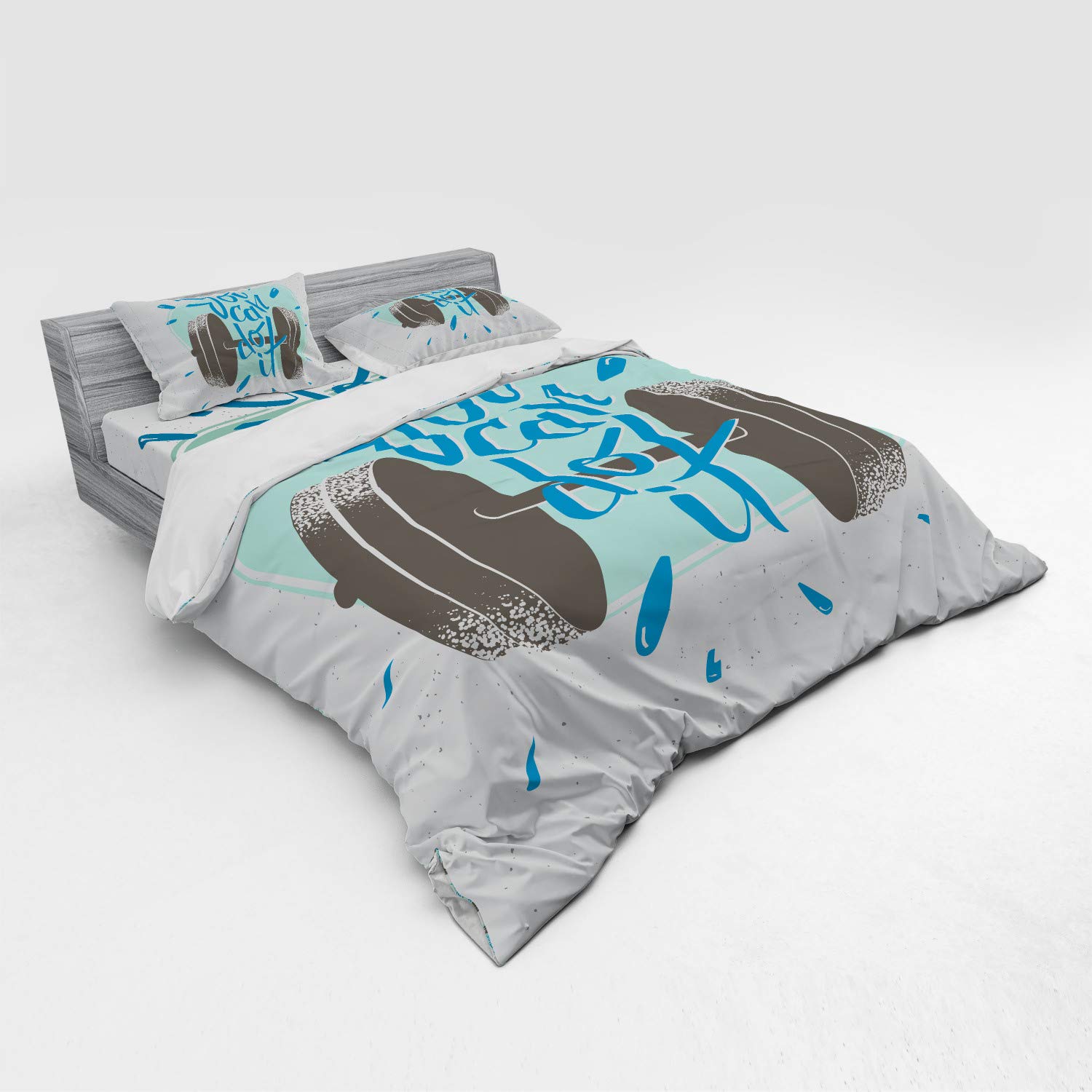 Ambesonne Fitness Duvet Cover Set - 4 Piece King Size with Shams & Fitted Sheet, Retro Dumbbell Design with 'You Can Do It' Motivational Phrase in Grey Almond Green Blue - Perfect for Home Gym Enthusiasts & Fitness Themed Bedrooms