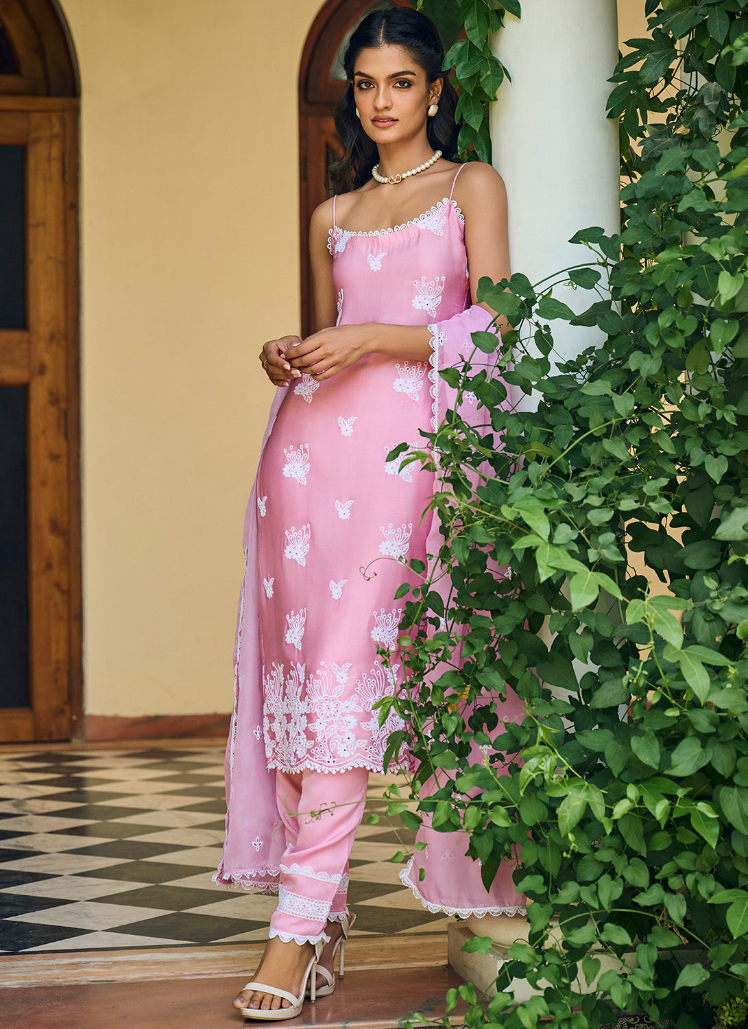 Elegant Pink Embroidered Cotton Straight Suit for Women - Office Wear & Formal Occasions