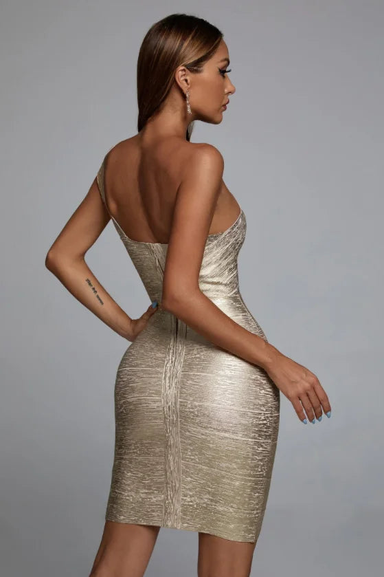 Elegant One Shoulder Gold Foil Print Rayon Bandage Dress - Sexy Club Party Dress for Women, Perfect for Night Out, Cocktail Party & Special Occasions