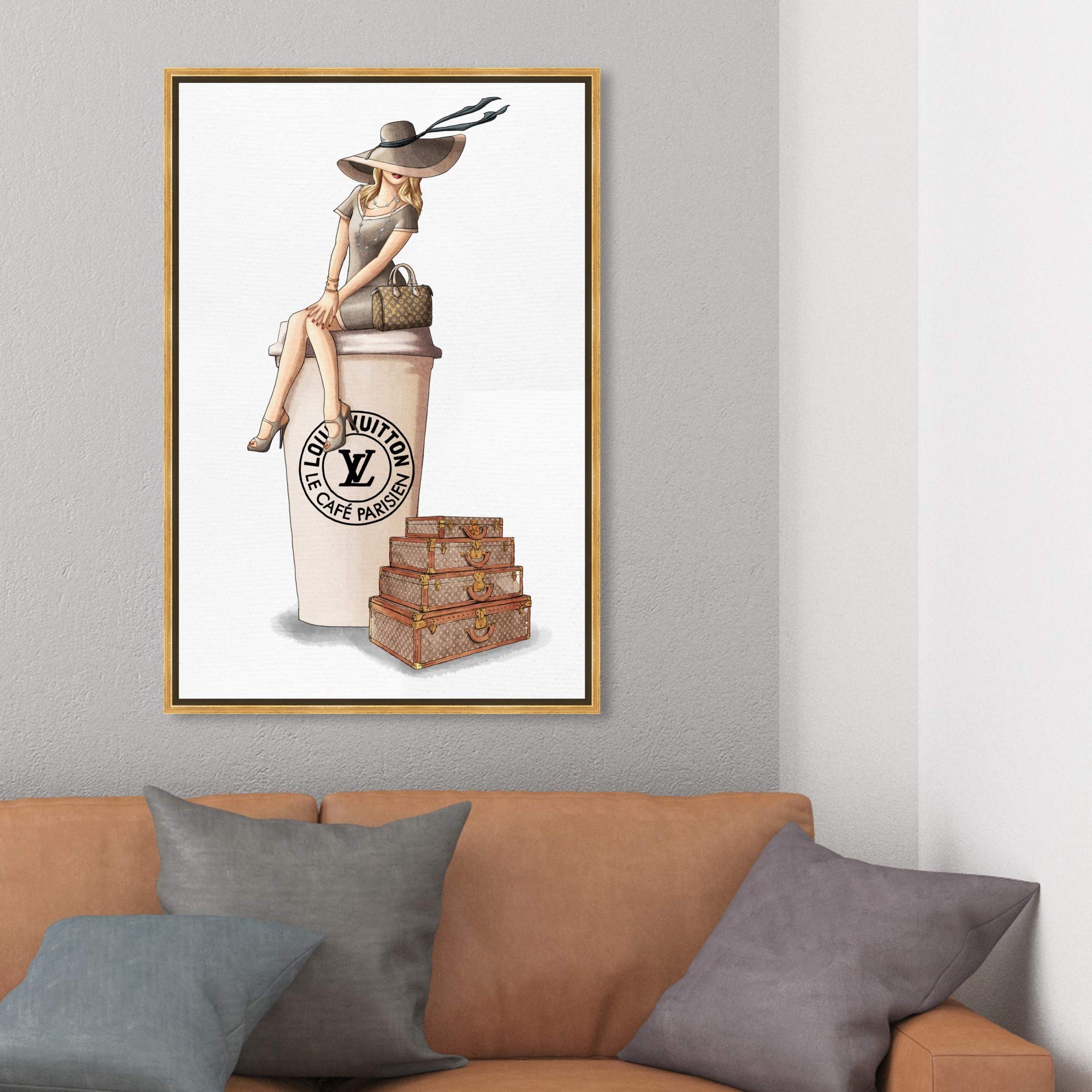 Oliver Gal Artist Co. 'Cafe au Lait Paris' Fashion Wall Art - 24x36 Inch Framed Canvas Print in Brown | Handbag & Glam Decor for Living Room, Bedroom & Office