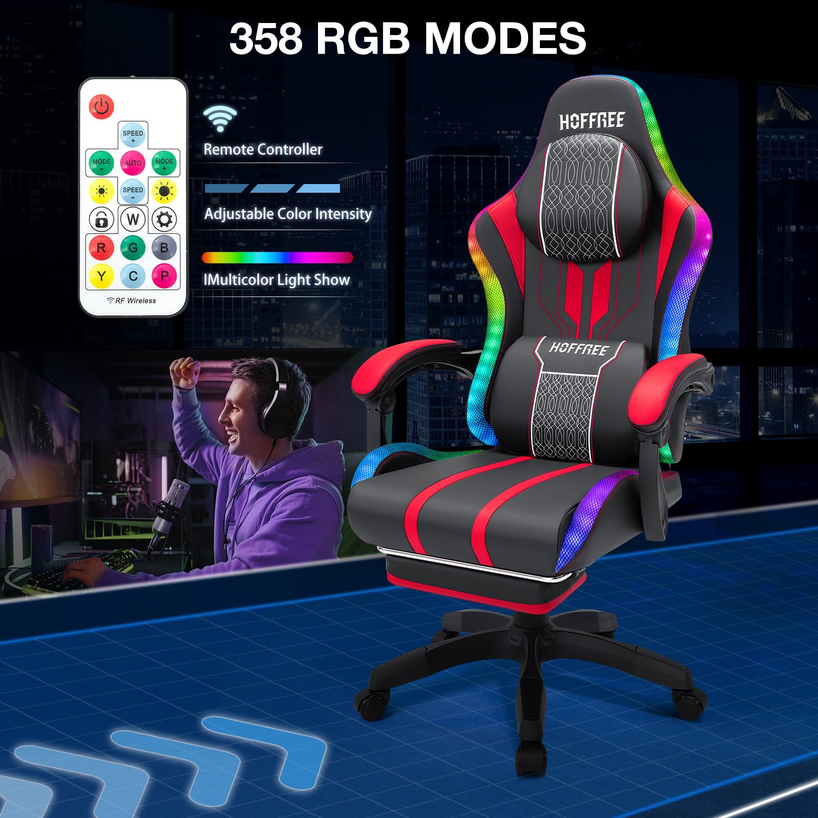 HOFFREE LED Gaming Chair with Massage & Bluetooth Speakers - Ergonomic Big and Tall PC Gaming Chair with Footrest for Adults up to 400lbs - Red and Black Computer Desk Chair for Esports, Streaming & Office Work