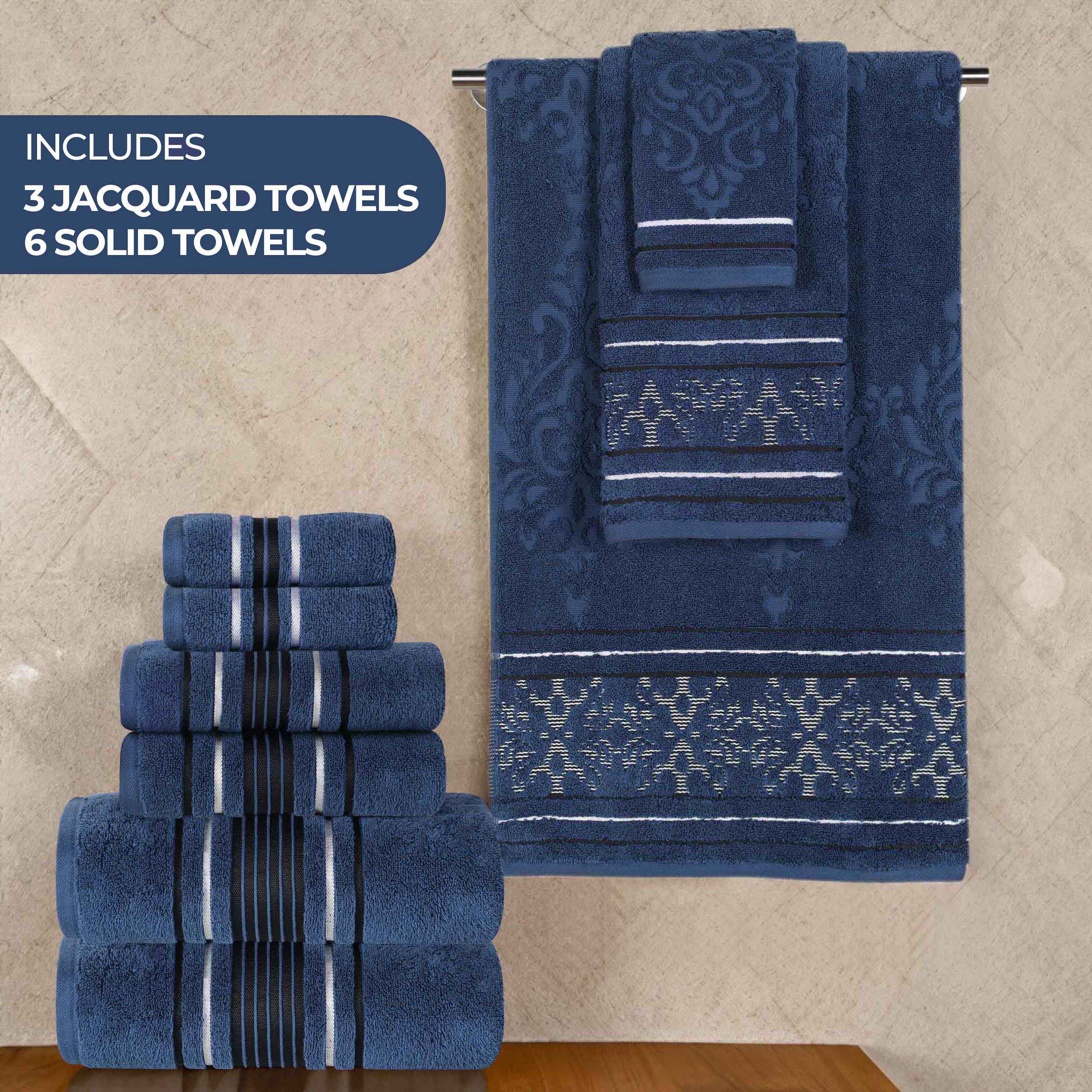 Sadie 9-Piece Zero Twist Cotton Towel Set - Solid & Jacquard Floral Bath Towels, Hand Towels & Washcloths - Soft & Absorbent for Bathroom, Spa & Guest Room