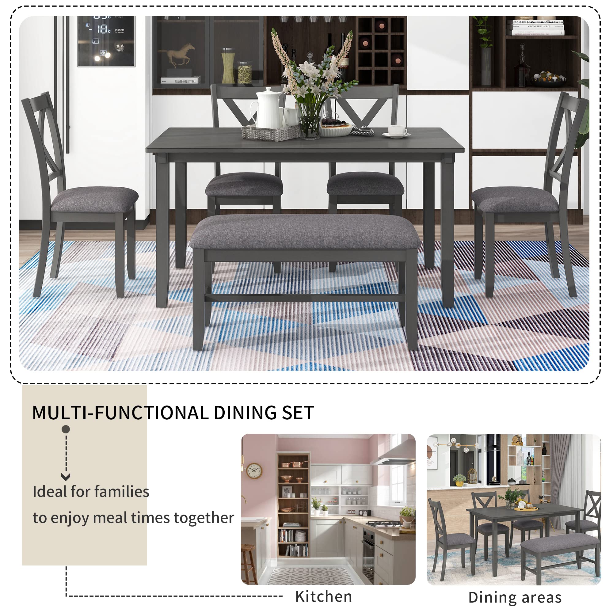 LZ LEISURE ZONE 6-Piece Dining Table Set with Bench - Modern Kitchen & Dining Room Furniture for Home or Restaurant (Grey & Grey) - Perfect for Family Meals, Entertaining Guests & Small Space Dining Areas