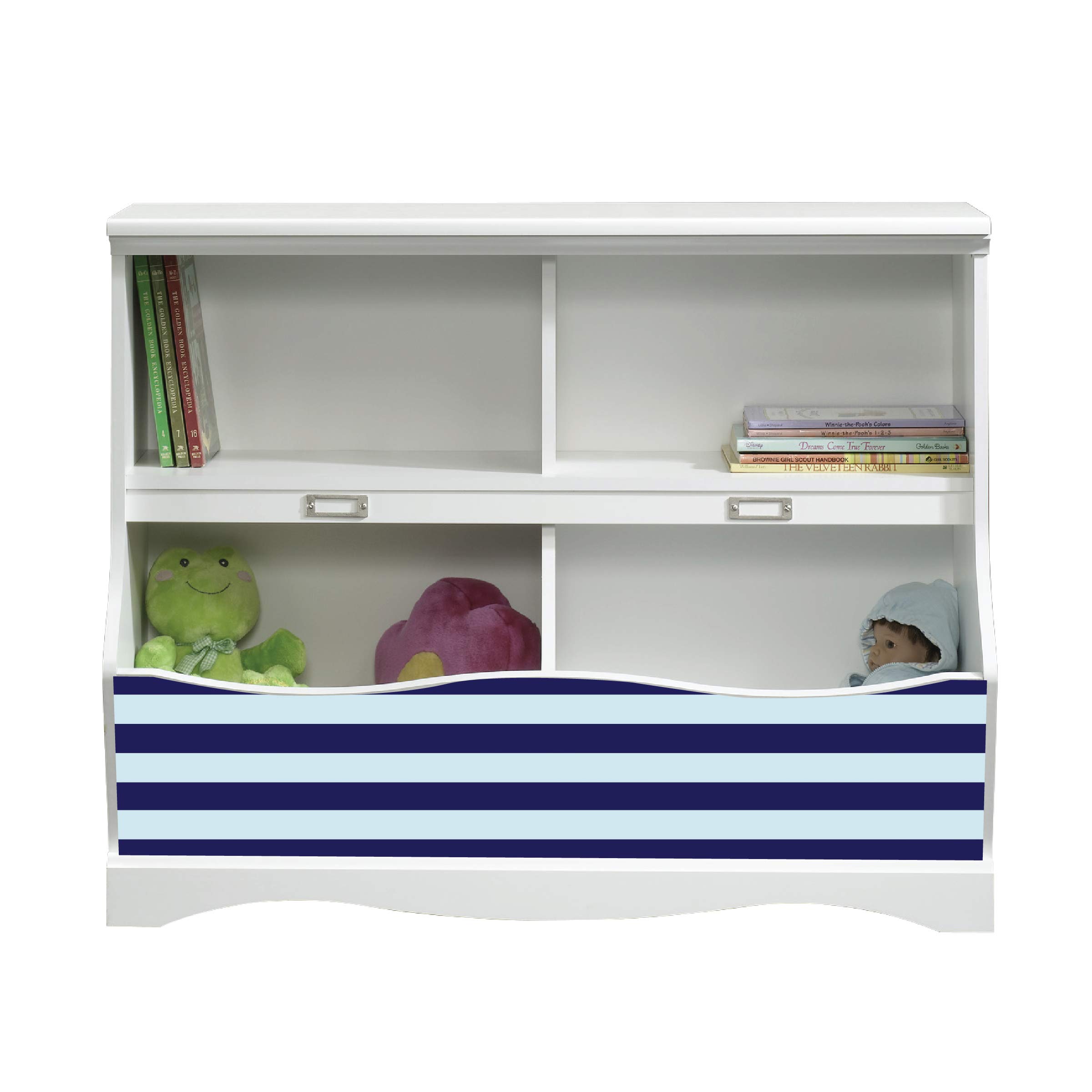 LifeSong Milestones Bookcase Footboard with Cubbyhole - Kids Book Storage Organizer & Toy Shelf for Nursery, Playroom, Bedroom - Soft White Finish with Navy-Light Blue Stripes - Perfect for Organizing Books, Toys, and Decor in Children's Rooms