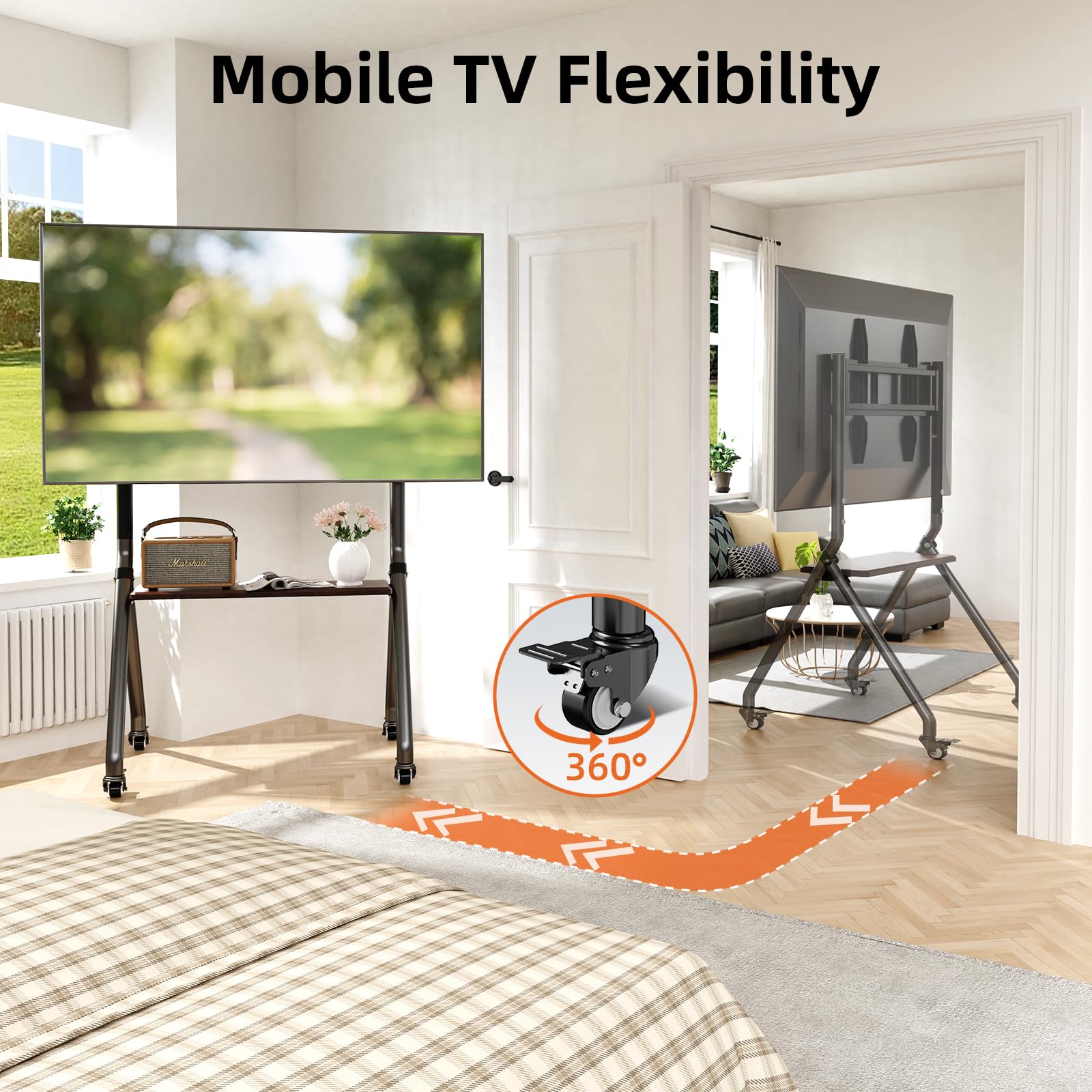 Adjustable Mobile TV Stand for 32-80 Inch Screens - Heavy Duty Rolling TV Cart with Wheels, Wooden Media Shelf & Max VESA 600x500mm - Supports Up to 110lbs (Black) - Perfect for Living Rooms, Bedrooms & Home Theaters