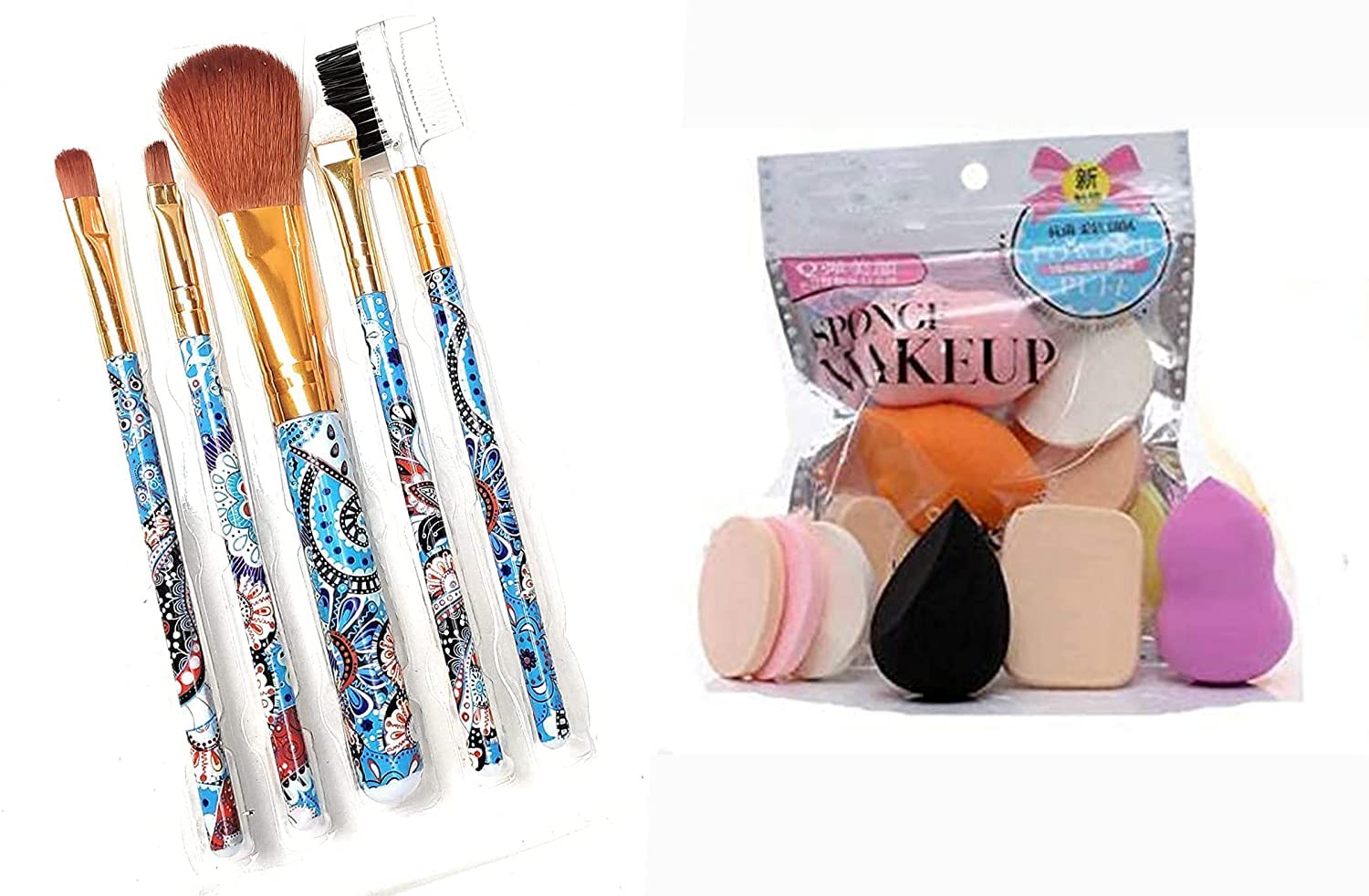 MOOLYAVAAN 5Pcs Soft Bristle Makeup Brush Set with 6-in-1 Beauty Blender Sponge - Professional Cosmetic Tools for Foundation, Blending & Contouring - Perfect for Daily Makeup & Travel