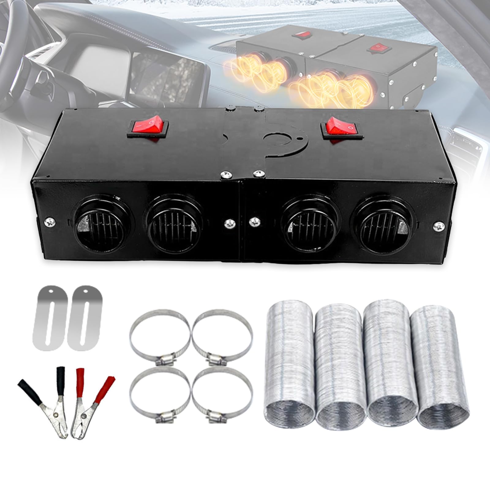 12V Portable Car Heater - 500W Fast Heating Defroster for Windshield & Windscreen with 4 Ports, Aluminum Foil Telescopic Tube - Perfect for Winter Driving, Camping & Emergency Car Warmth (Black)