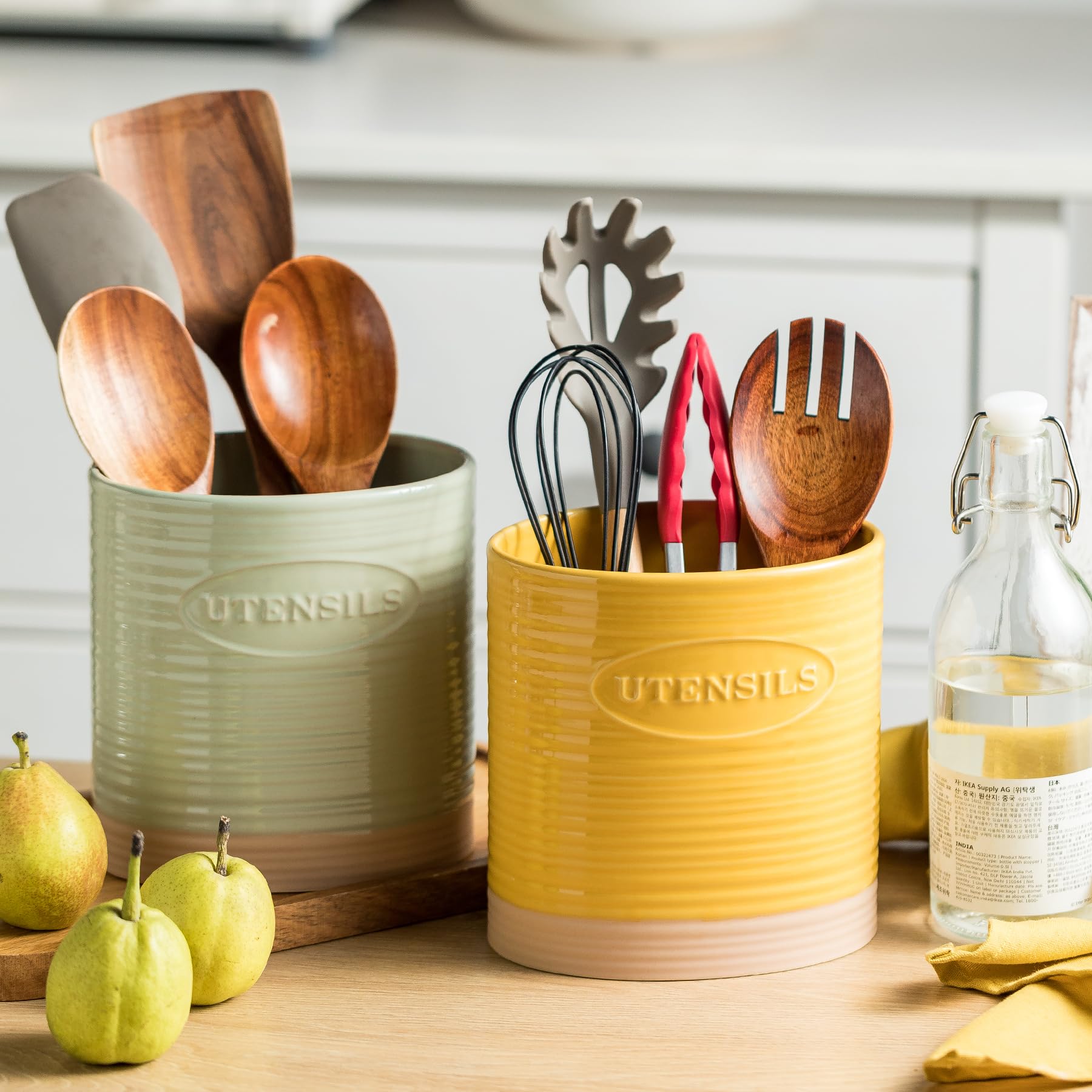 Premium Ceramic Kitchen Utensil Holder - Large Oval Countertop Organizer for Cooking Tools (Yellow) | Perfect for Storing Spoons, Spatulas & Utensils by Stove or Sink