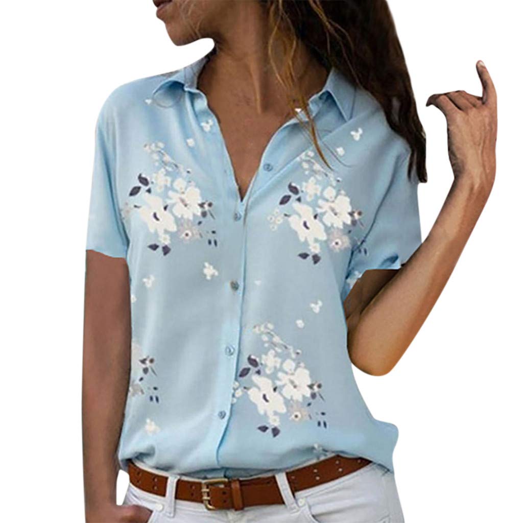 Women's Casual V-Neck Short Sleeve Blouse - Flowy Loose Fit Plus Size T-Shirt with Floral Print (Light Blue, Small) | Perfect for Office Wear, Summer Outfits & Casual Dates