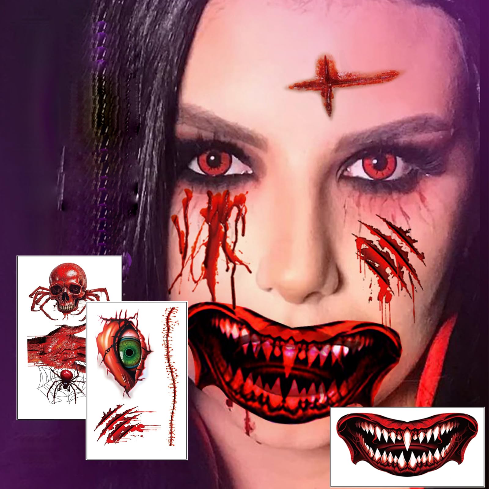 Waterproof Fake Zombie Scar Tattoos & Vampire Teeth Kit - 30 Sheets Halloween Makeup Stickers with Spider & Mouth Designs for Cosplay, Costume Parties, Horror Events & Scary Movie Nights