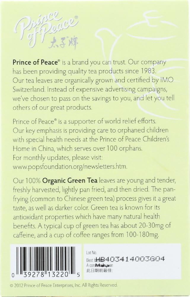 Prince of Peace Organic Green Tea - 20 Tea Bags | USDA Certified | Antioxidant-Rich | Perfect for Relaxation & Wellness at Home or Office