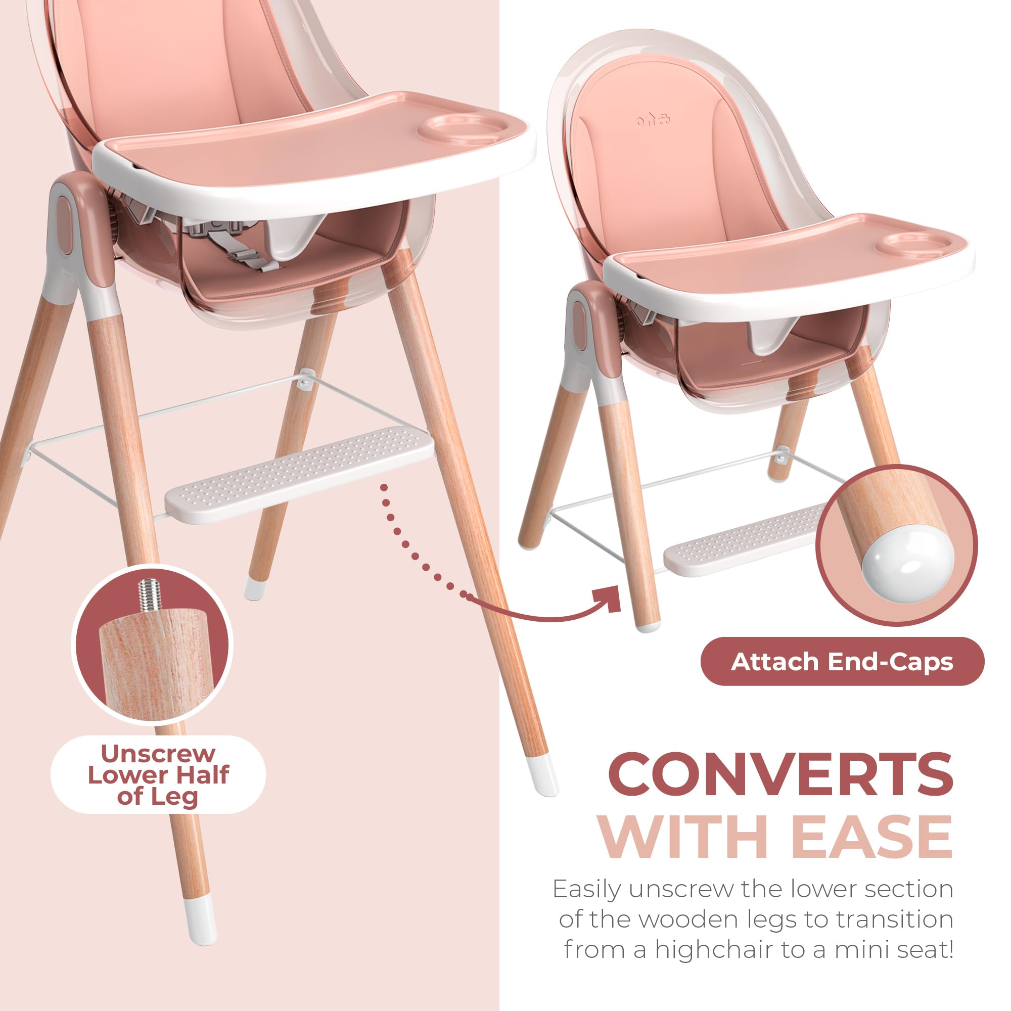 **6-in-1 Deluxe Wooden High Chair for Babies & Toddlers – Modern, Safe & Compact Baby Highchair with Removable Tray & Cushion – Easy to Clean – 6 Options, 3 Seat Positions, 2 Heights – Perfect for Dining, Feeding & Playtime (Pink)**