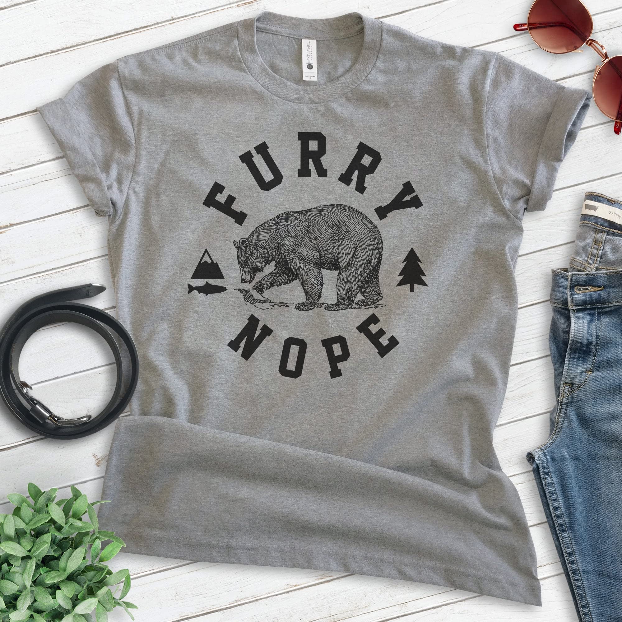 EVERTREE CLOTHING Furry Nope Bear Graphic T-Shirt - Unisex Casual Tee for Men & Women - Funny Animal Print Shirt for Outdoor Camping, Hiking & Adventure Enthusiasts