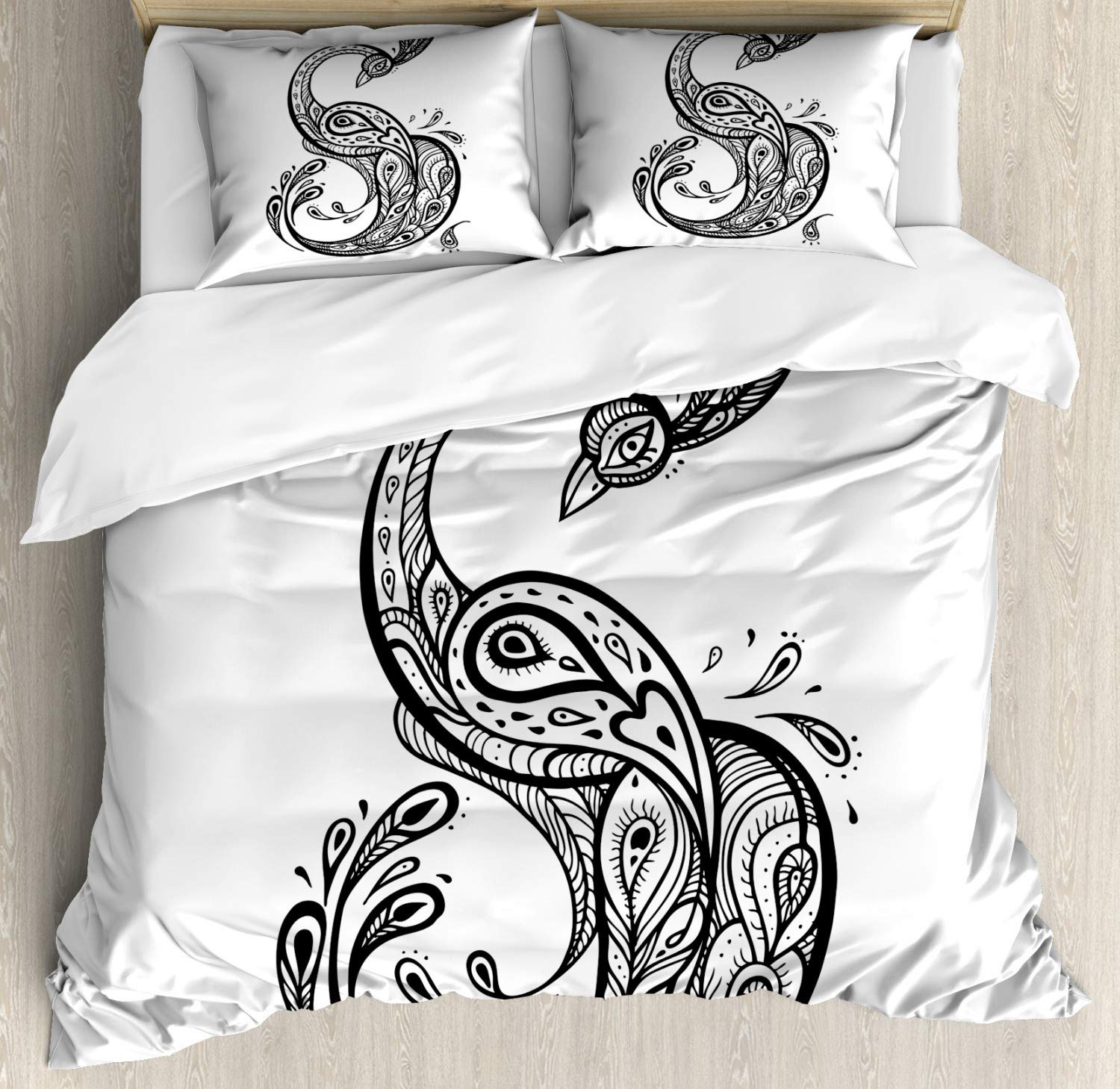 Ambesonne Ethnic Duvet Cover Set - Exotic Peacock & Leaf Design 3-Piece Queen Bedding (Duvet Cover + 2 Pillow Shams) in White & Black | Bohemian Home Decor for Bedroom, Guest Room & Dorm