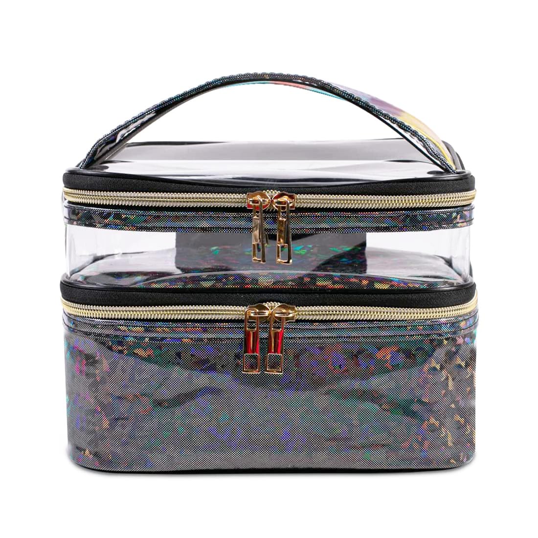 FITINI Double Layer Water-resistant Makeup Bag for Women - Travel Cosmetic Organizer with Brush Holder, Toiletry Storage Case (Black) | Perfect for Travel, Gym & Daily Makeup Organization
