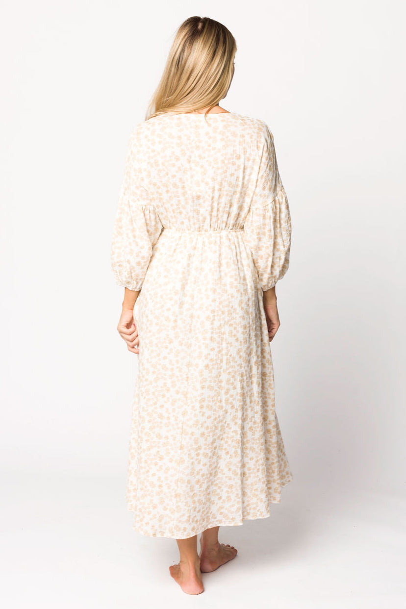 Hunter 100% Cotton Gauze Midi Dress - Natural/Fawn Floral Print | Bump Friendly Maternity Dress | Perfect for Summer, Beach & Pregnancy Photoshoots
