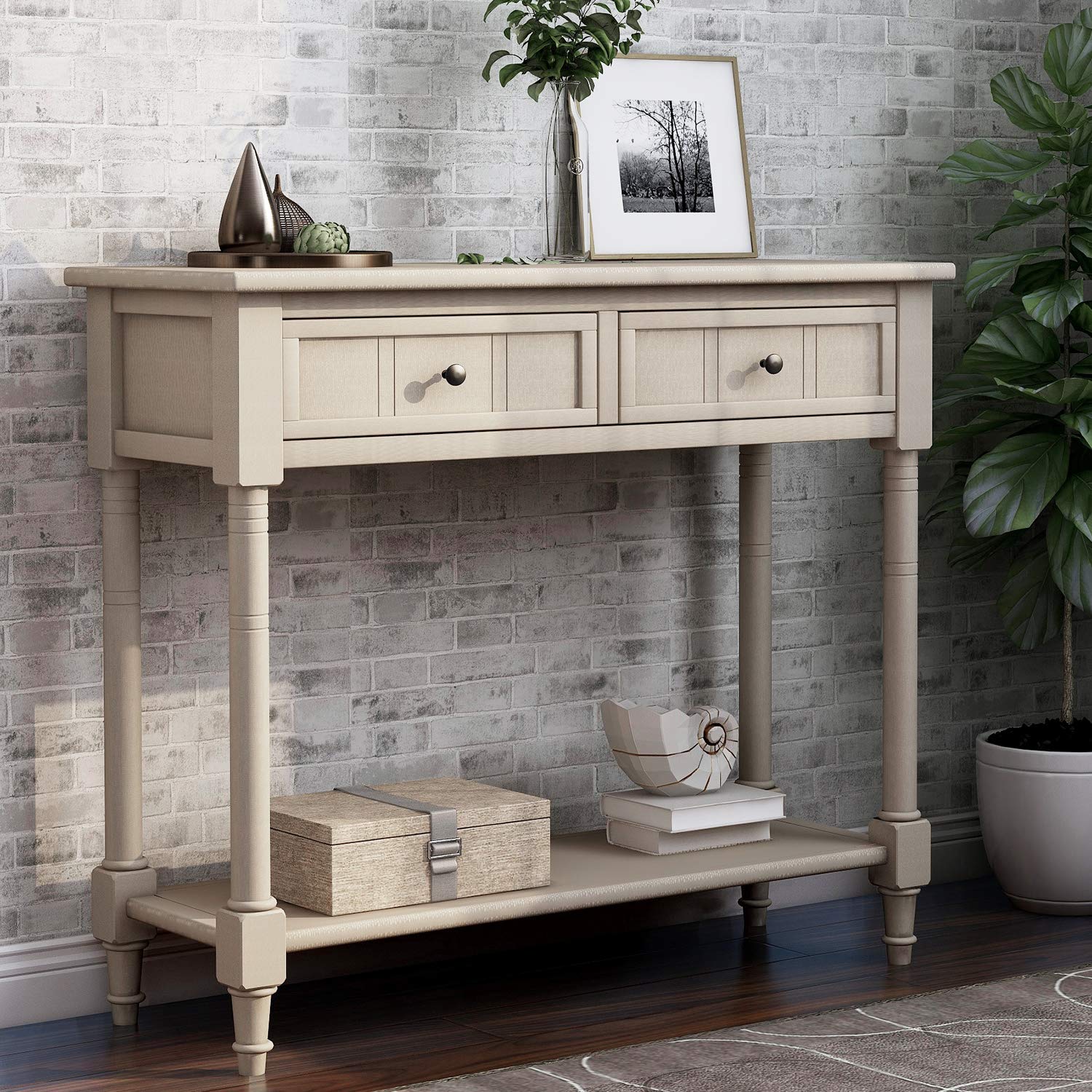 HOUAGI Narrow Console Table with 2 Drawers & Bottom Shelf - Daisy Series Sofa Table for Entryway, Hallway & Living Room - Easy Assembly Antique Gray - Perfect for Small Spaces & Home Decor