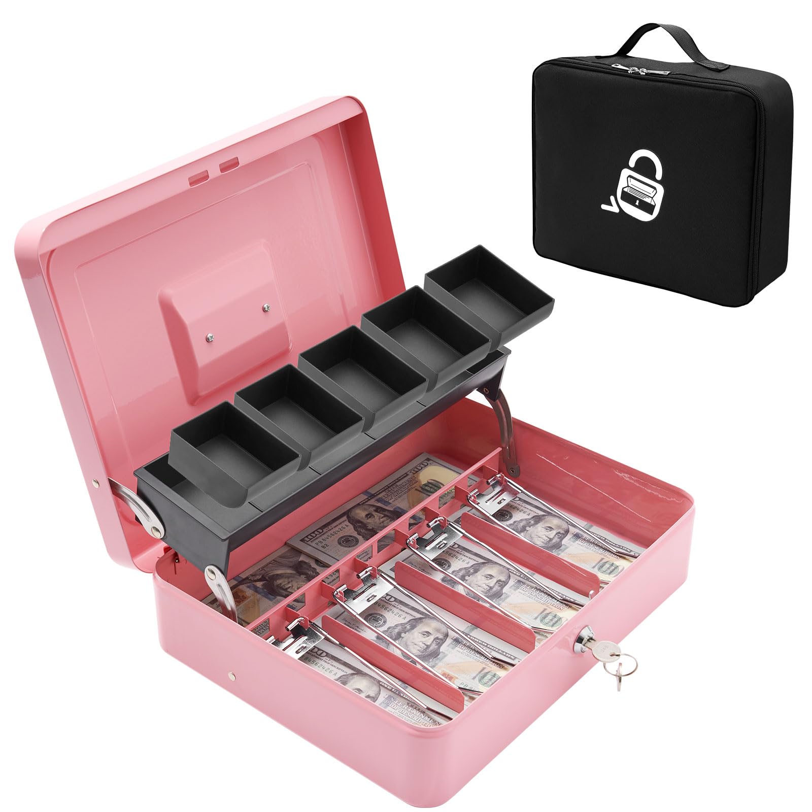 Secure Locking Cash Box with Carry Bag - Heavy Duty Metal Money Safe with Key & Combination Lock, 4 Bill & 5 Coin Slots, Cantilever Design - Pink Money Saving Organizer for Home, Office, Retail & Travel Use