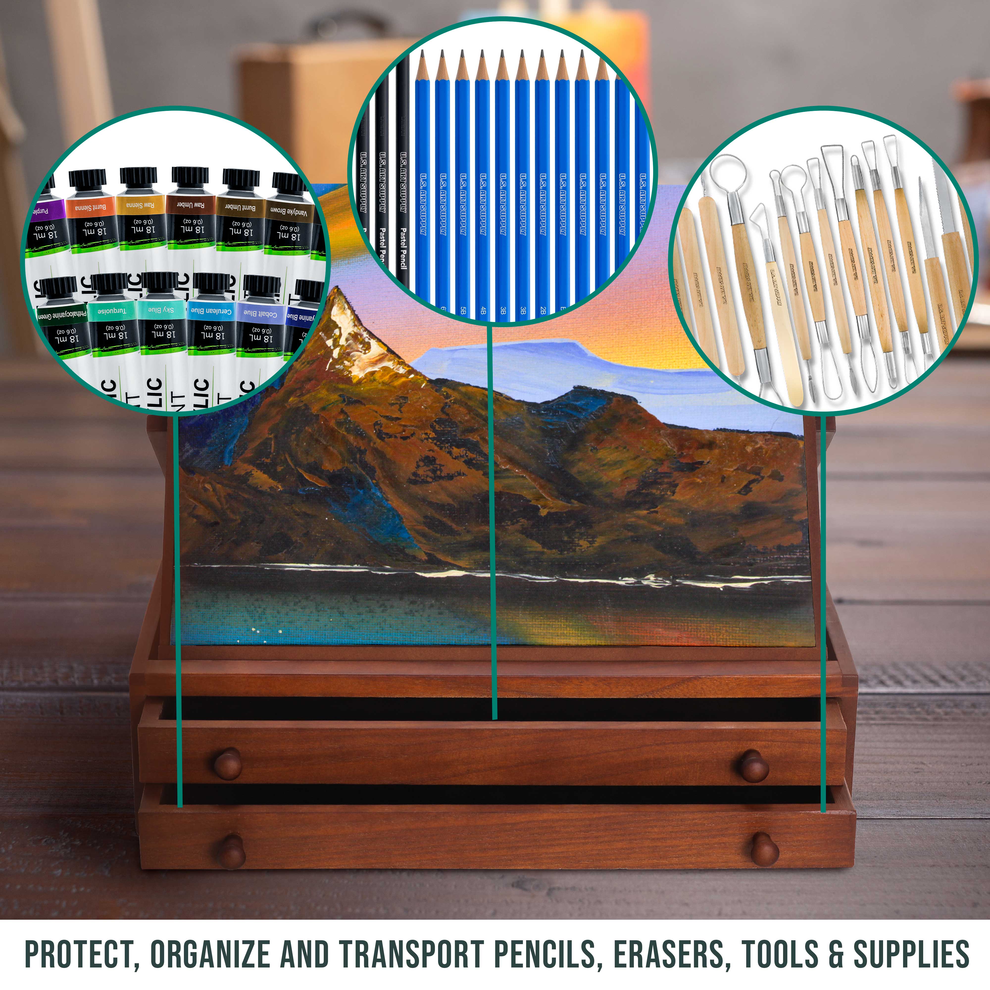 Premium Walnut 2-Drawer Wooden Art Storage Box with Adjustable Drawing Easel - Handcrafted Beechwood, Secure Metal Clasps - Perfect for Artists, Sketching & Art Supply Organization - Home Studio & Classroom Use