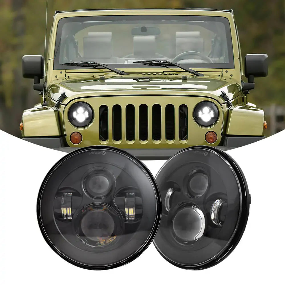 7'' Round Black LED Headlights for Jeep Wrangler JK TJ LJ CJ & Hummer H1 H2 - High Performance Off-Road Lighting for Night Driving & Adventure