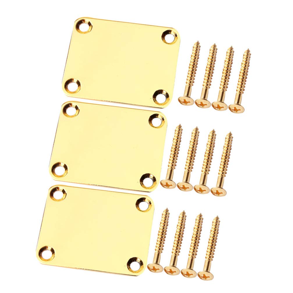 Custom 4-Hole Metal Guitar Neck Plate with Screws - Gold Electric Guitar Neck Joint Board Replacement for Fender, Gibson, Ibanez - Perfect for DIY Guitar Repair & Upgrades (3-Pack)