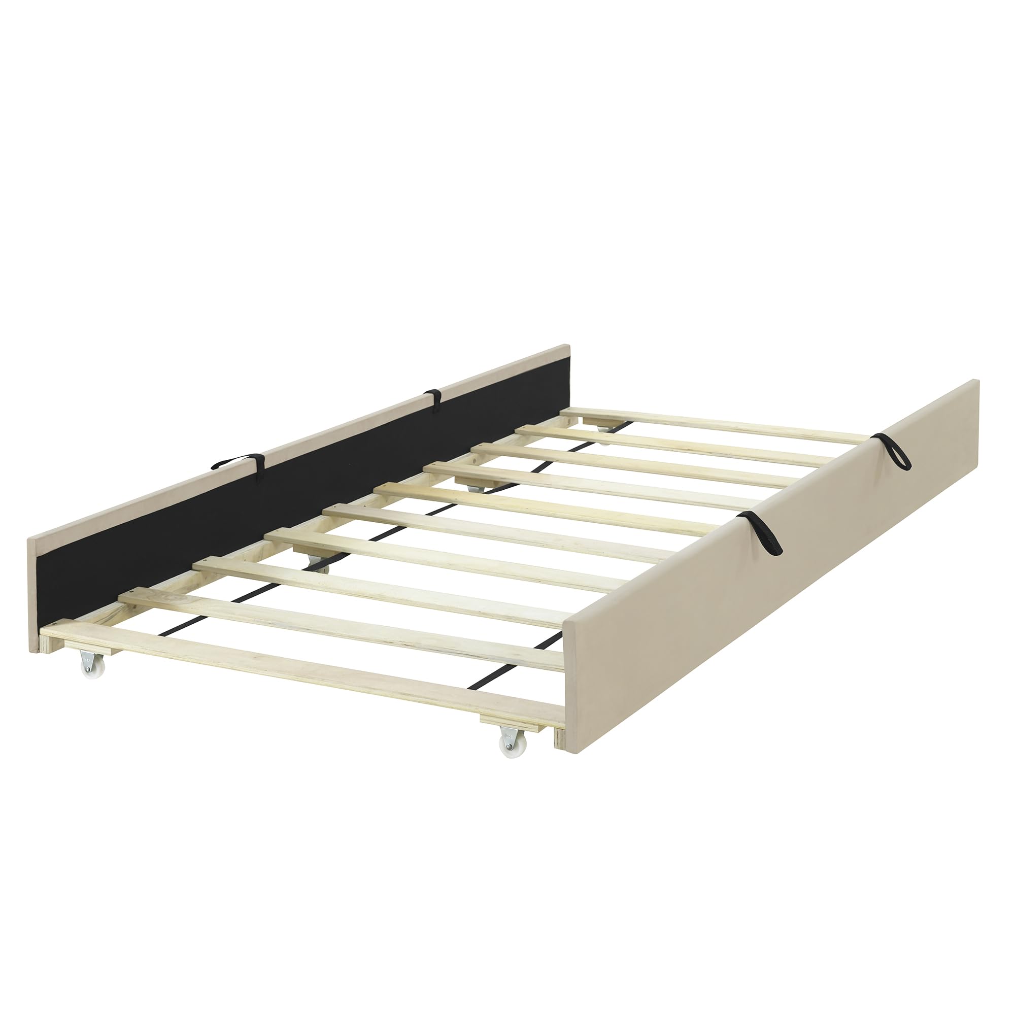 SOFTSEA Twin Upholstered Platform Bed with Trundle - Tufted Velvet Headboard for Kids, Teens & Adults - No Box Spring Needed - Beige Bedroom Furniture for Small Spaces & Guest Rooms
