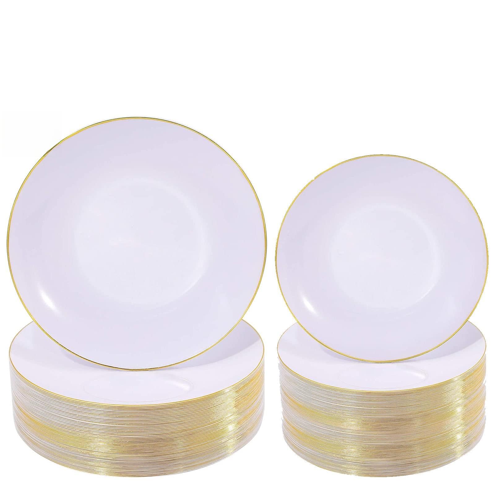 200PCS White Plastic Plates with Gold Rim - 100PCS 7.5inch Disposable Dessert Plates & 100PCS 10.25inch Dinner Plates - Elegant Gold Plastic Plates for Wedding, Party, Birthday, Baby Shower & Holiday Celebrations