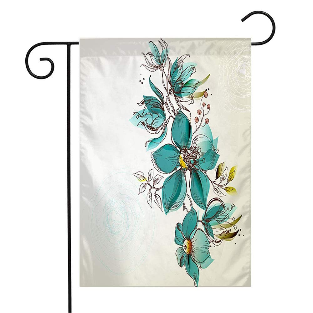 Vintage Floral Garden Flag - Blossom Lines Flower Design in Turquoise & Cream for Wedding, Events & Seasonal Decor | 12x18 Inch Outdoor Patio Lawn Home Decoration Gift | Perfect for Spring, Summer & Special Occasions