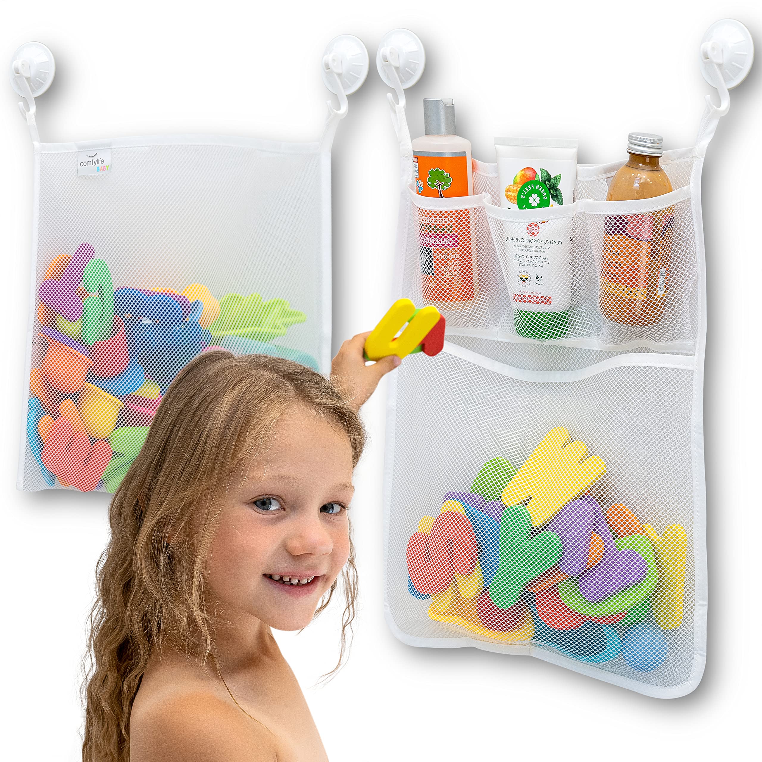 2-Pack Mesh Bath Toy Organizer with 8 Heavy-Duty Hooks – Space-Saving Bathtub Toy Holder & Shower Caddy for Kids – Multi-Use Storage Net Bags for Baby Bath Toys – Perfect for Bathroom, Nursery, and Travel Use