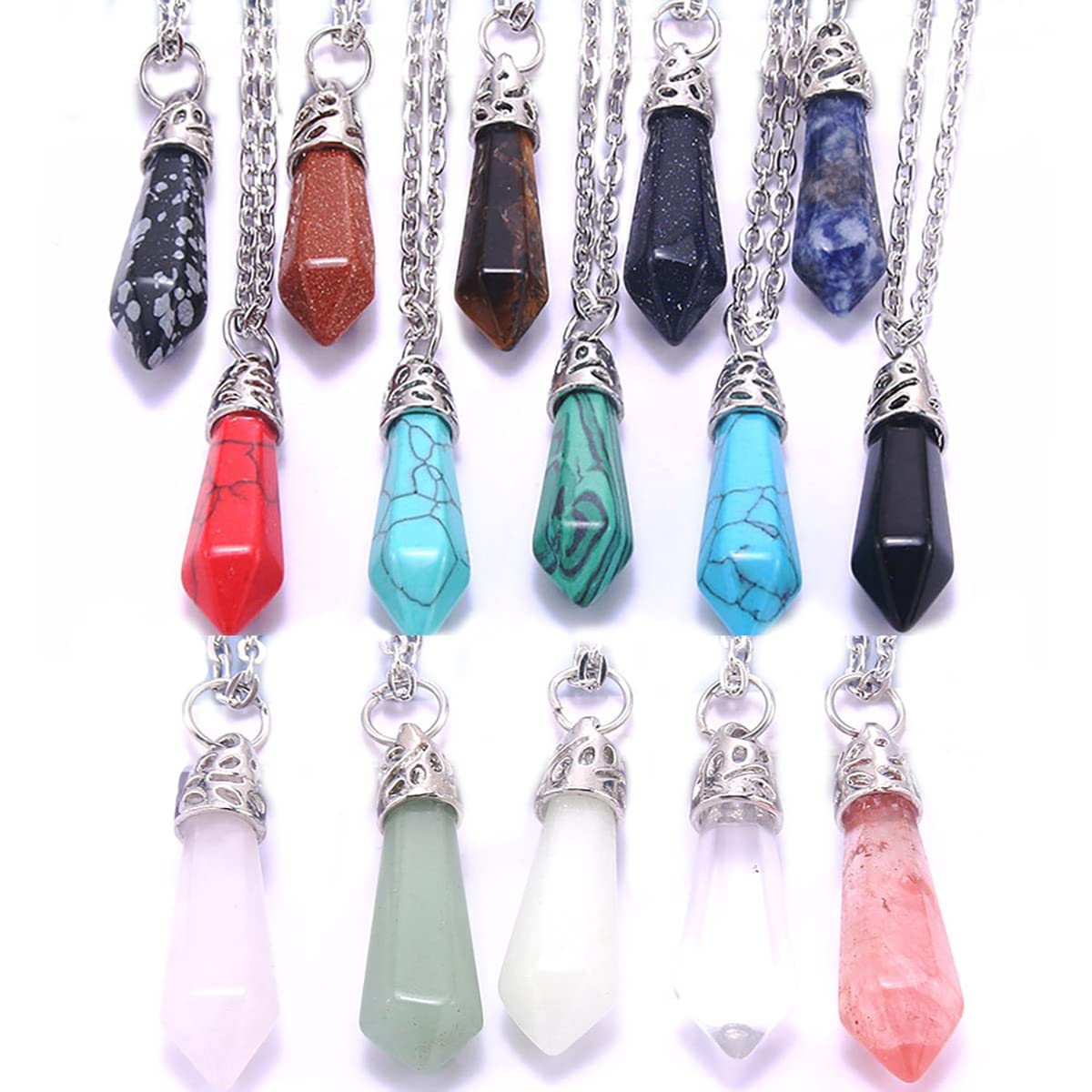 10 PCS Hexagonal Crystal Gemstone Pendant Necklaces - Chakra Stone Chain with 20 Inch Length for Women | Spiritual Healing, Yoga, Meditation & Boho Fashion Accessories