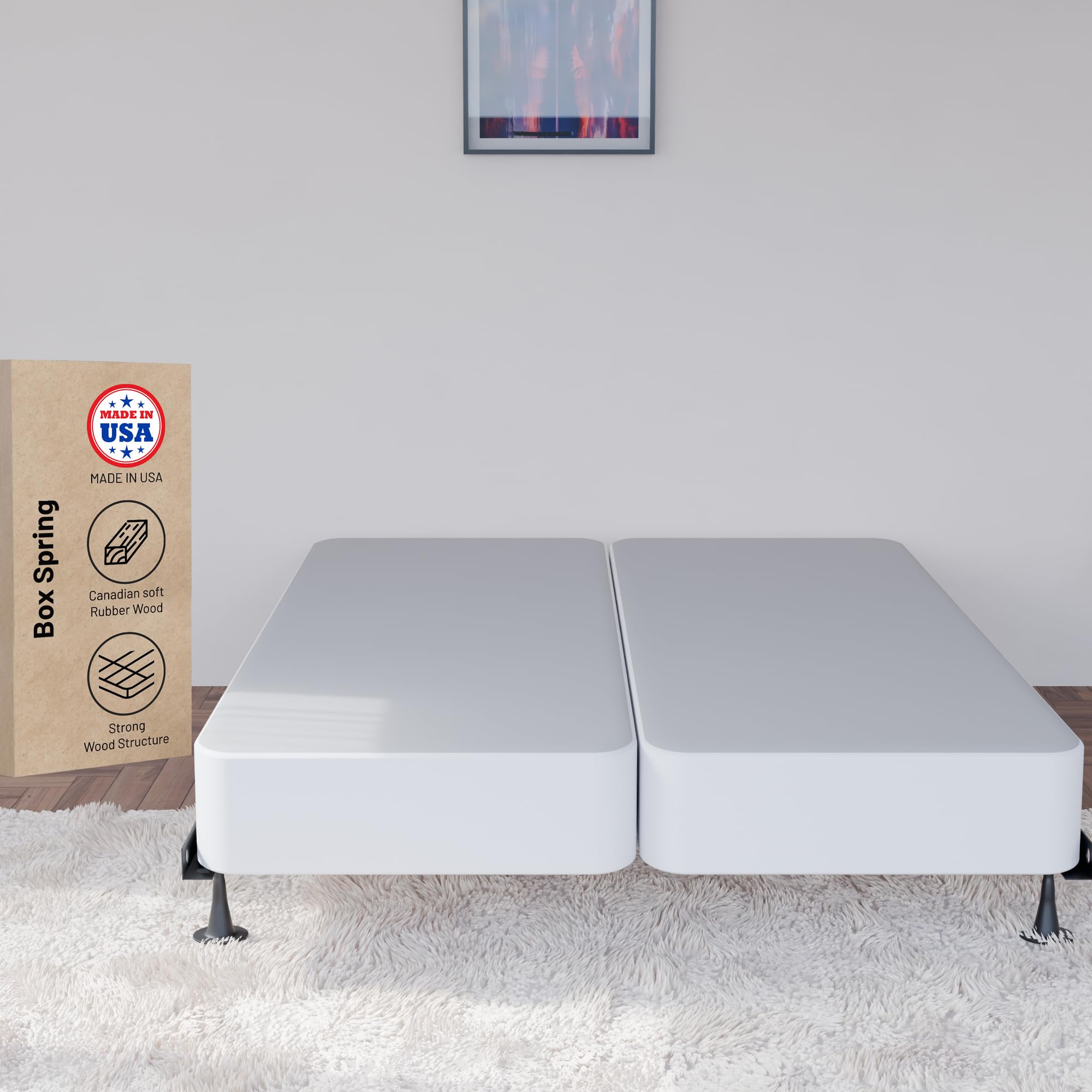 Greaton 4-Inch Sturdy Box Spring for Queen Mattress Support - Durable & Fully Assembled Natural Wood Foundation (White) | Bed Frame Support, Guest Room & Dorm Essentials